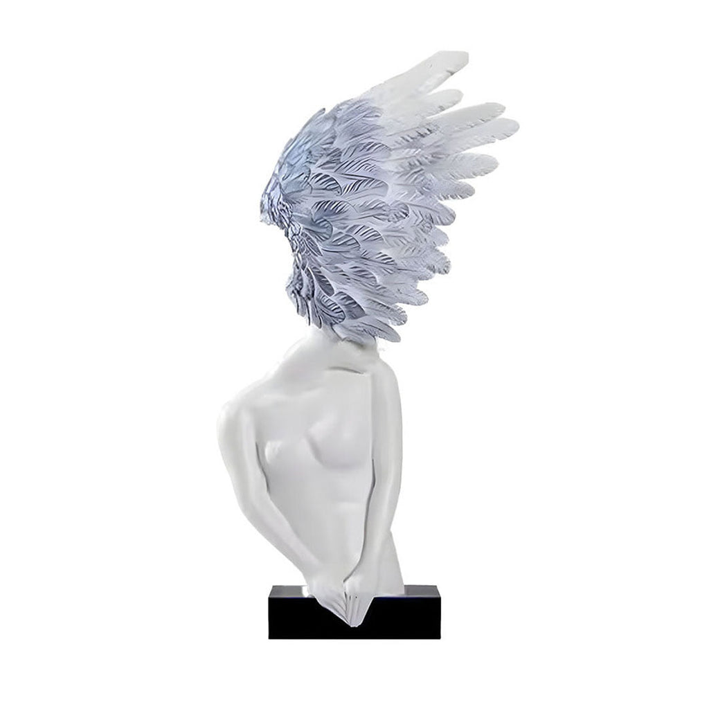 SOGA 86cm White Blue Winged Figure Sculpture with Marble Base-0