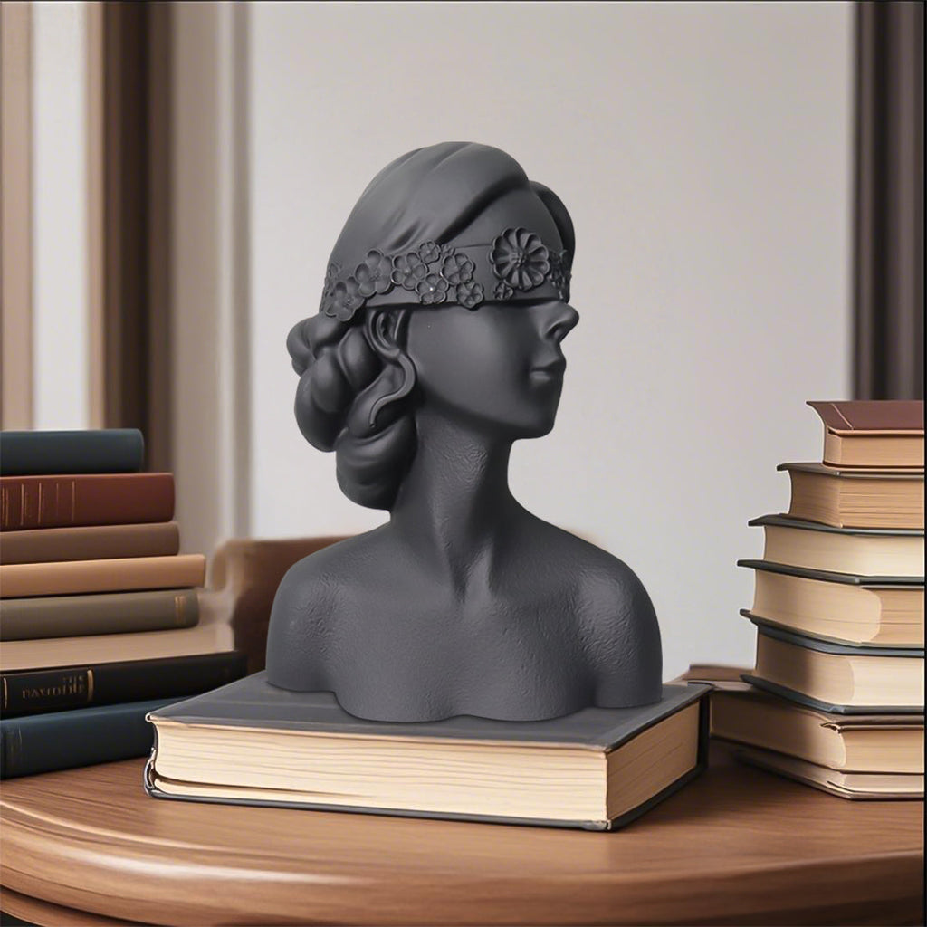SOGA 36cm Black Resin Sculpture Blindfold Lady Bust Design for Home Decor-1