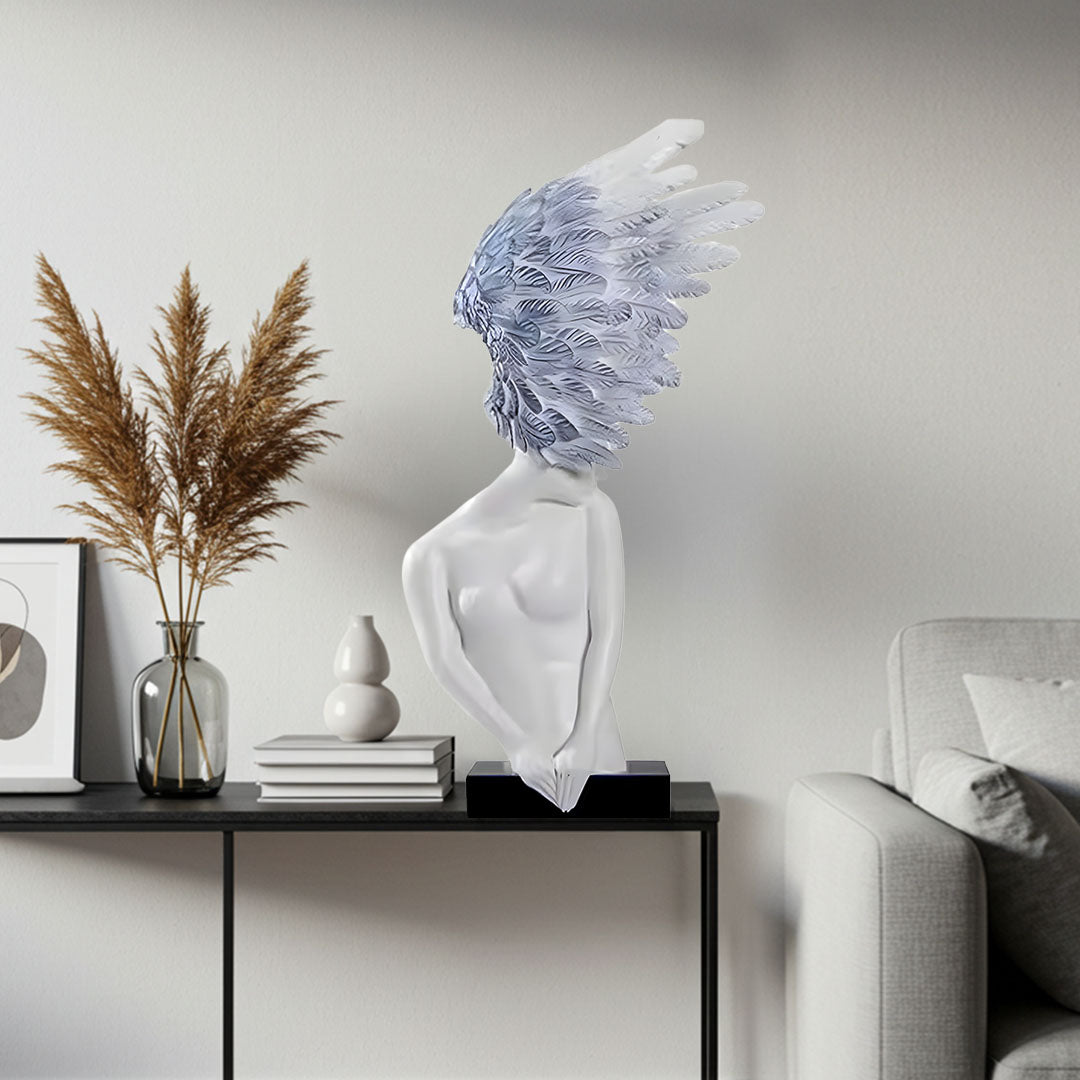 SOGA 86cm White Blue Winged Figure Sculpture with Marble Base-2