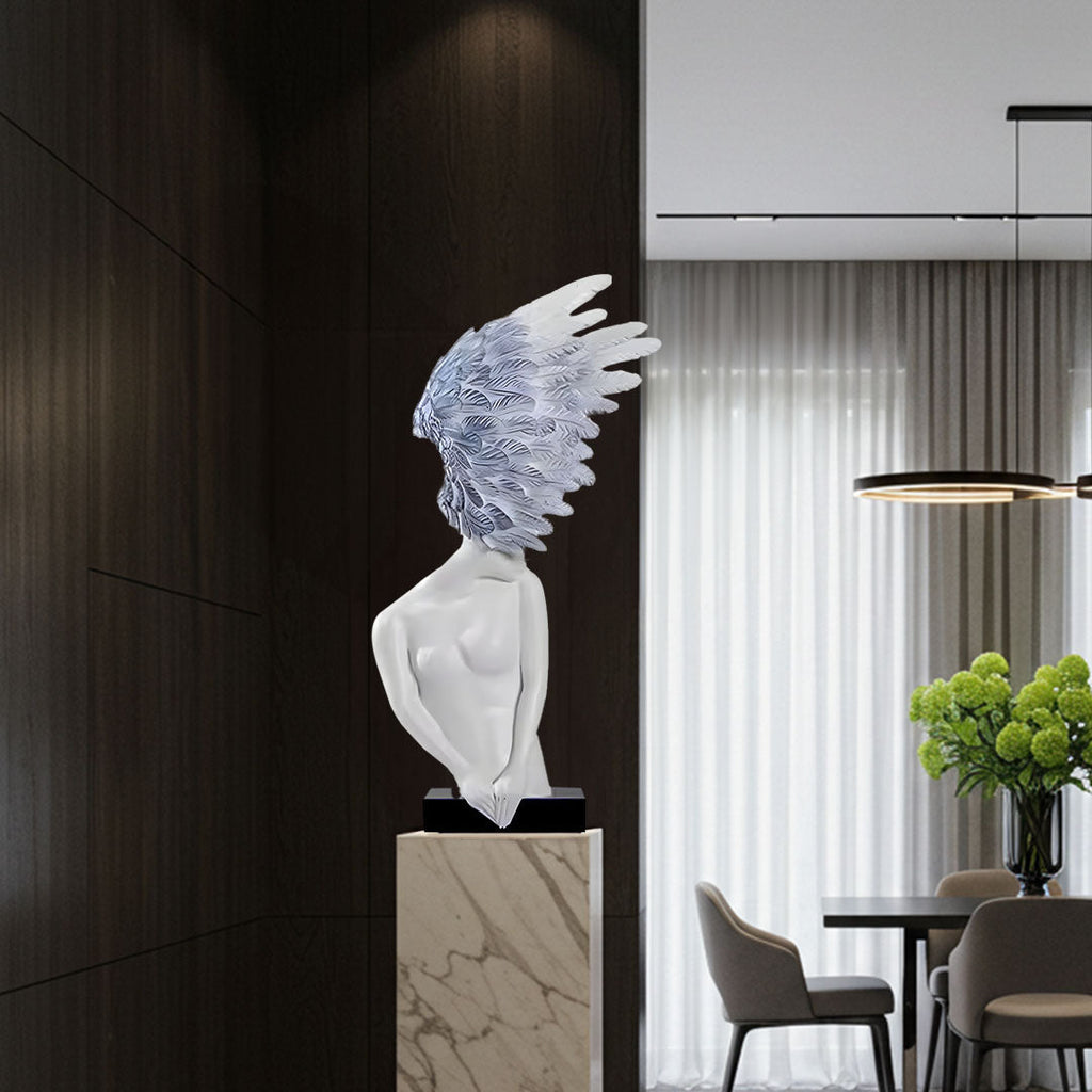 SOGA 86cm White Blue Winged Figure Sculpture with Marble Base-3