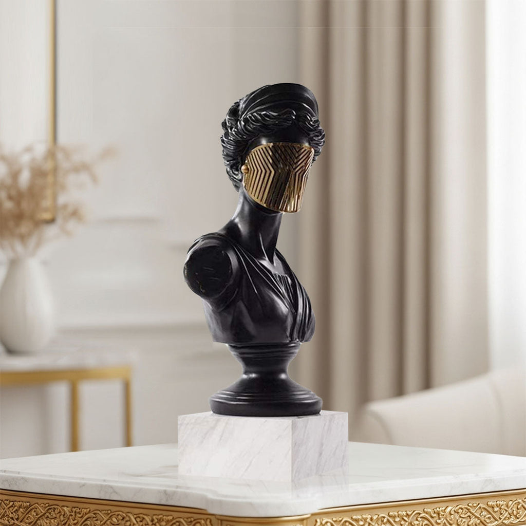 SOGA 45cm Black Resin Bust – Gold Striped Mask Home Sculpture-3
