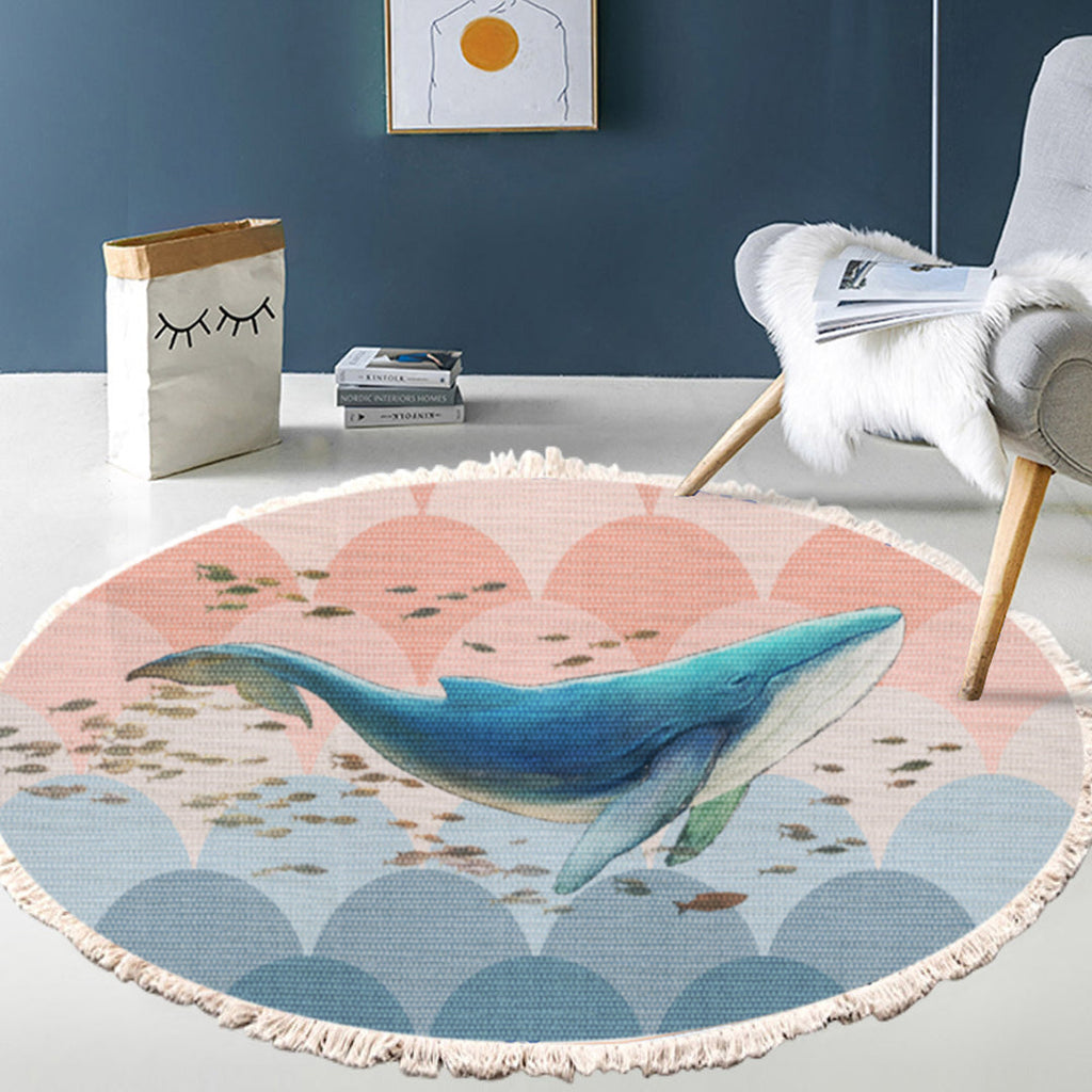 NNEAGS 120cm Round Tassels Shark Print Area Rugs, Home Decor