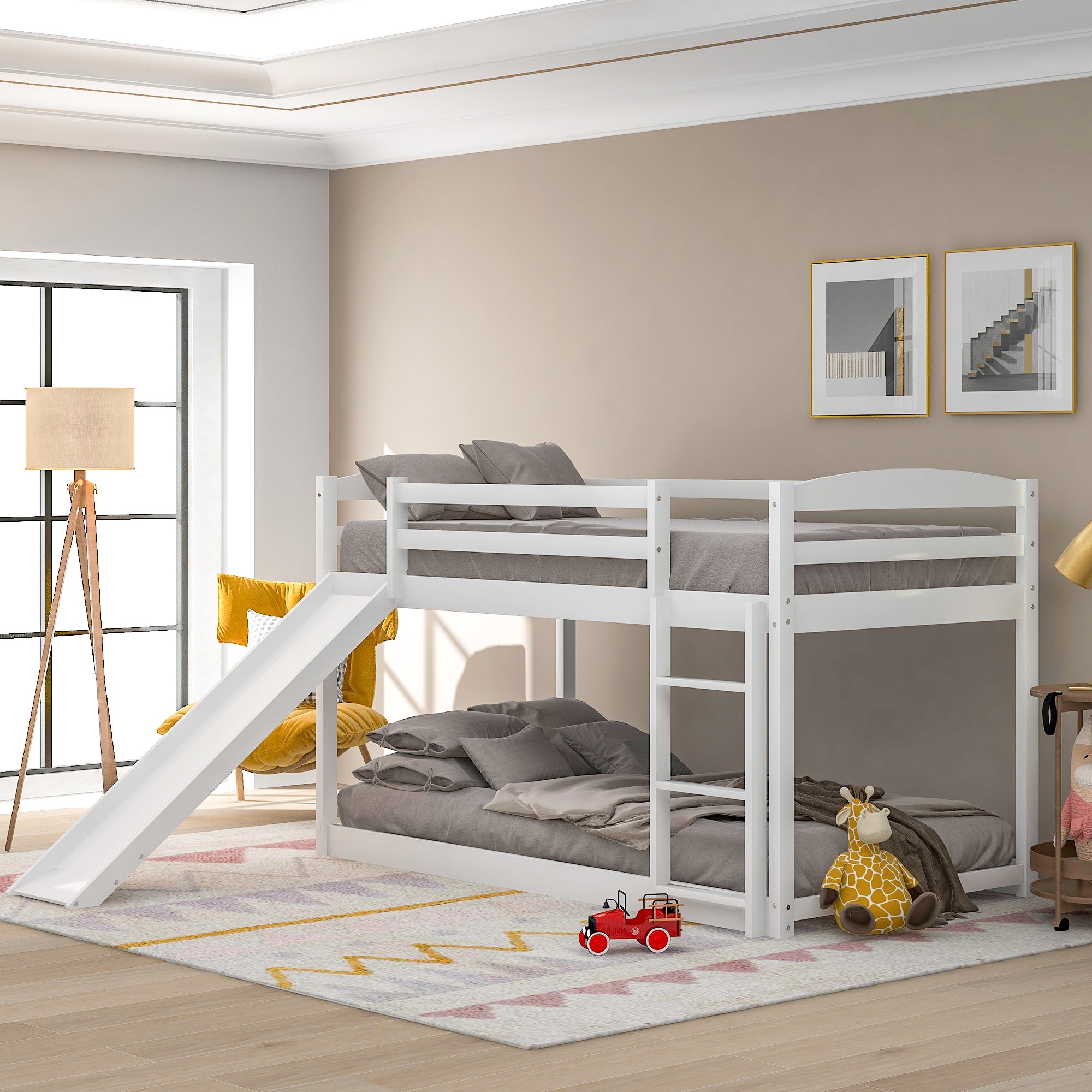 White Twin over Twin Bunk Bed with Convertible Slide and Ladder, Pine Wood and MDF, 79.3''L x 84.4''W x 46.5''H