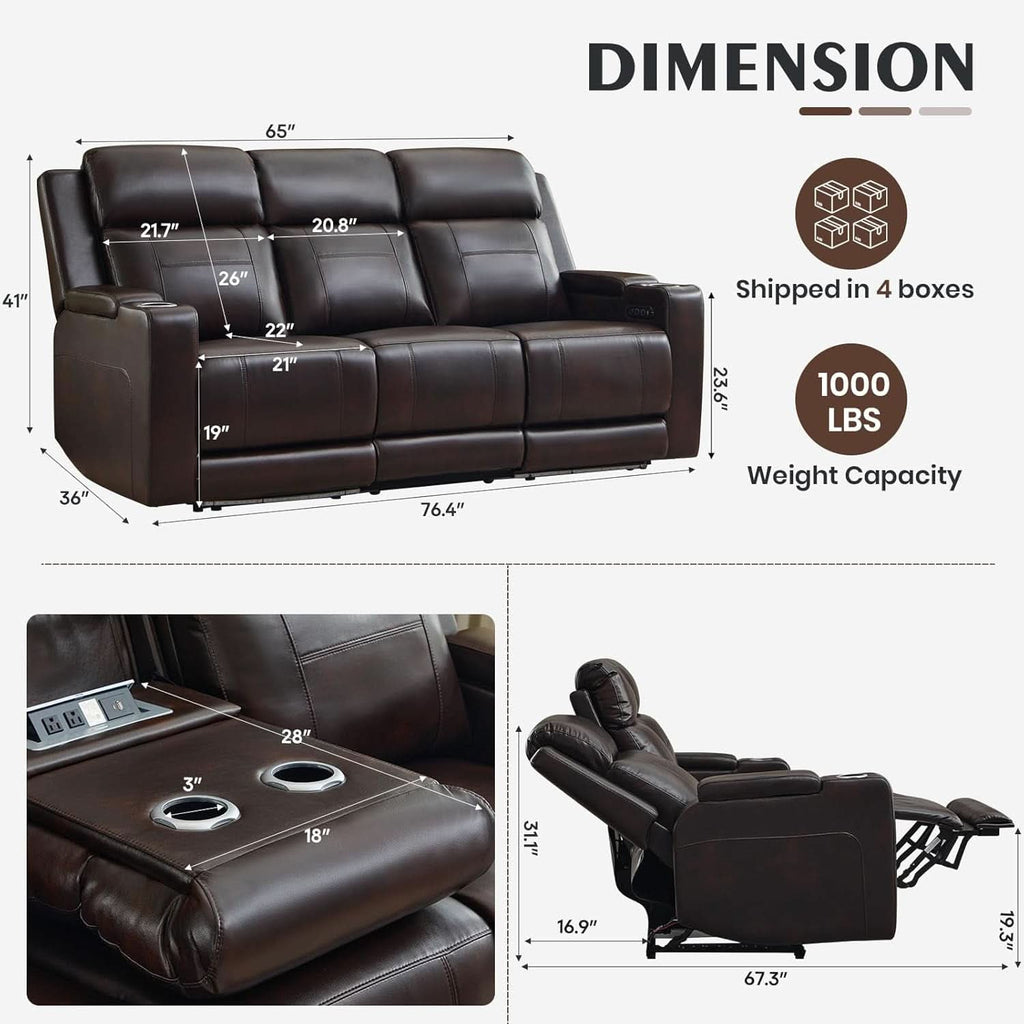 Brown Power Recliner Sofa Featuring Adjustable Headrest-1