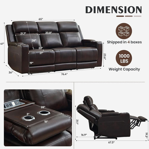 Brown Power Recliner Sofa Featuring Adjustable Headrest-1