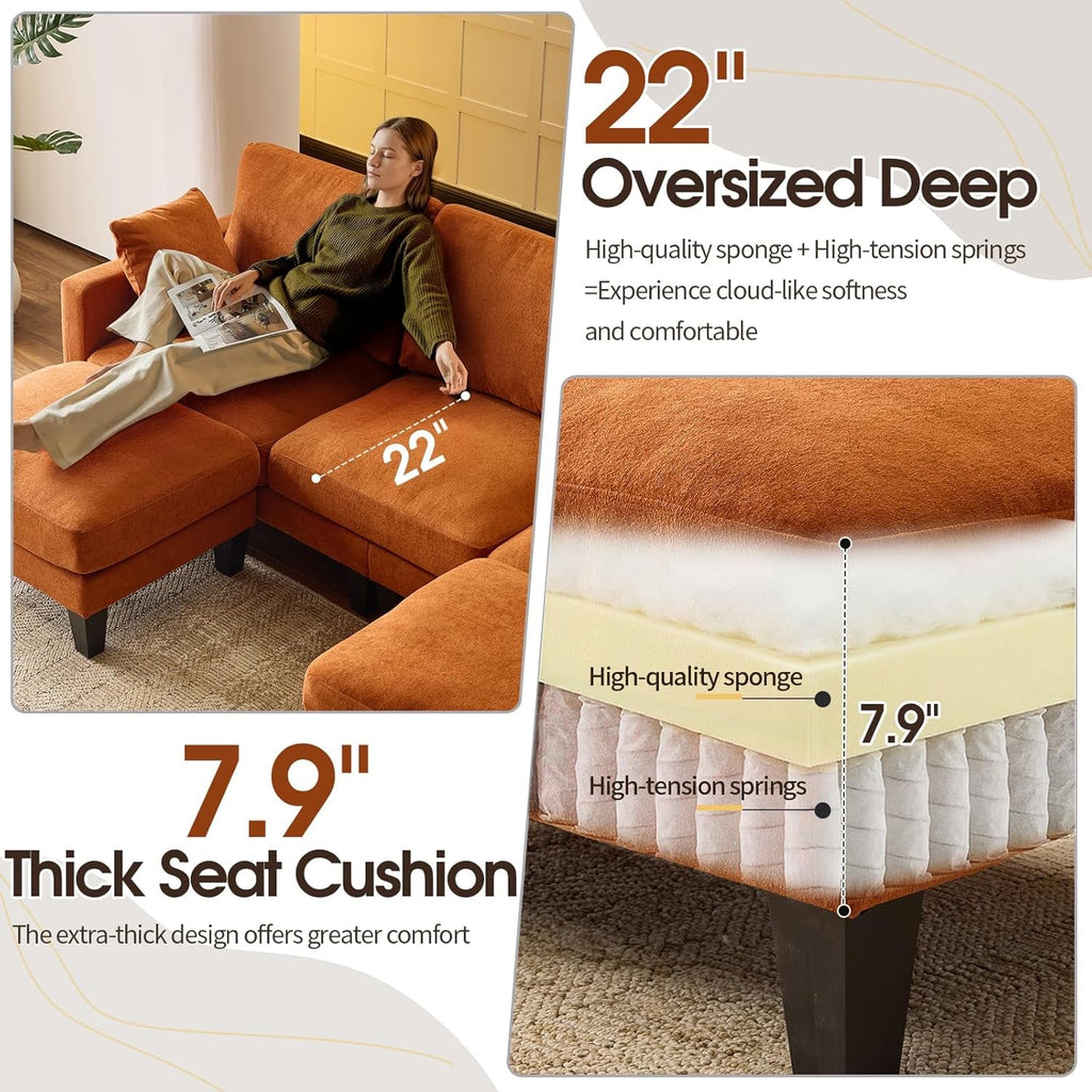 One HundredInch U Shaped Sofa Plush Chenille Ottoman Orange-2
