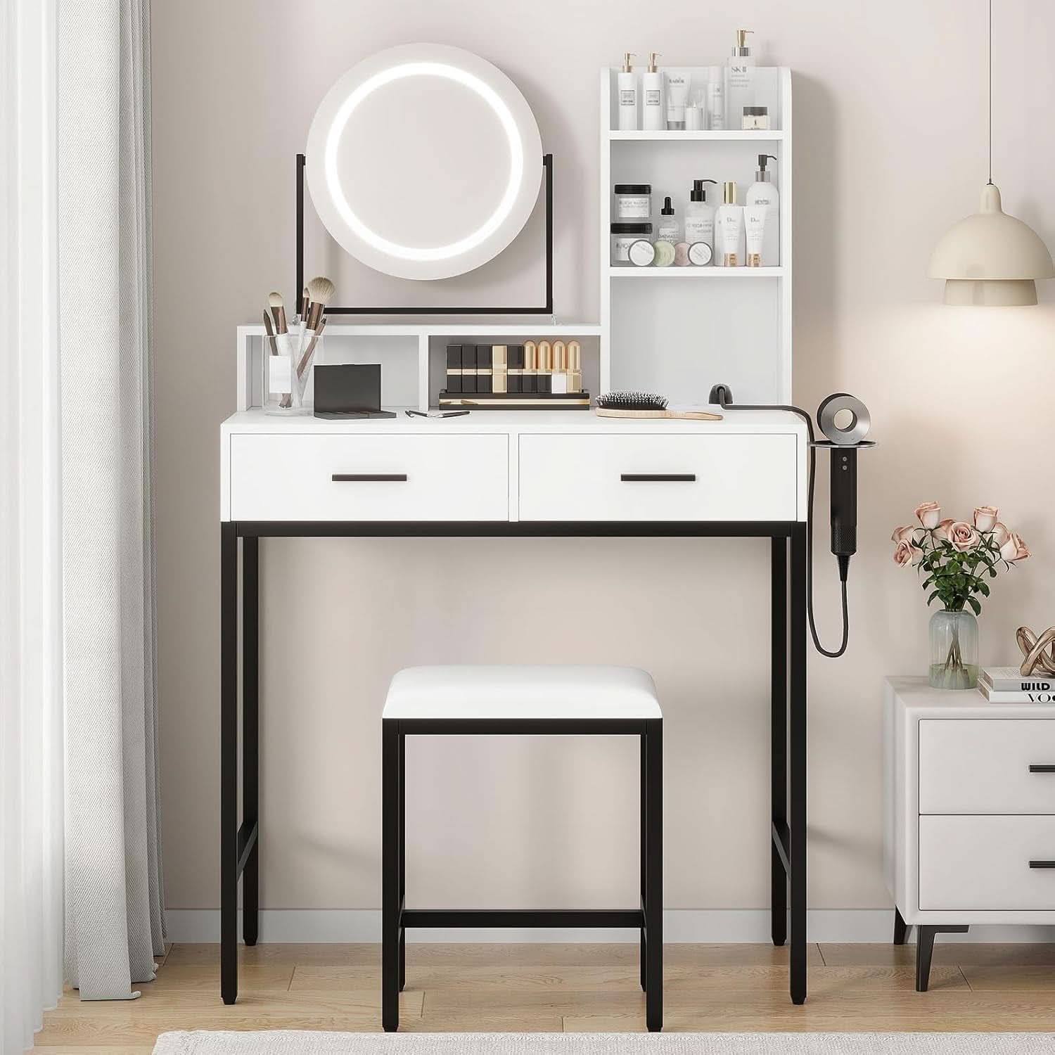 Professional Grade White Vanity Desk Rotating Mirror-3