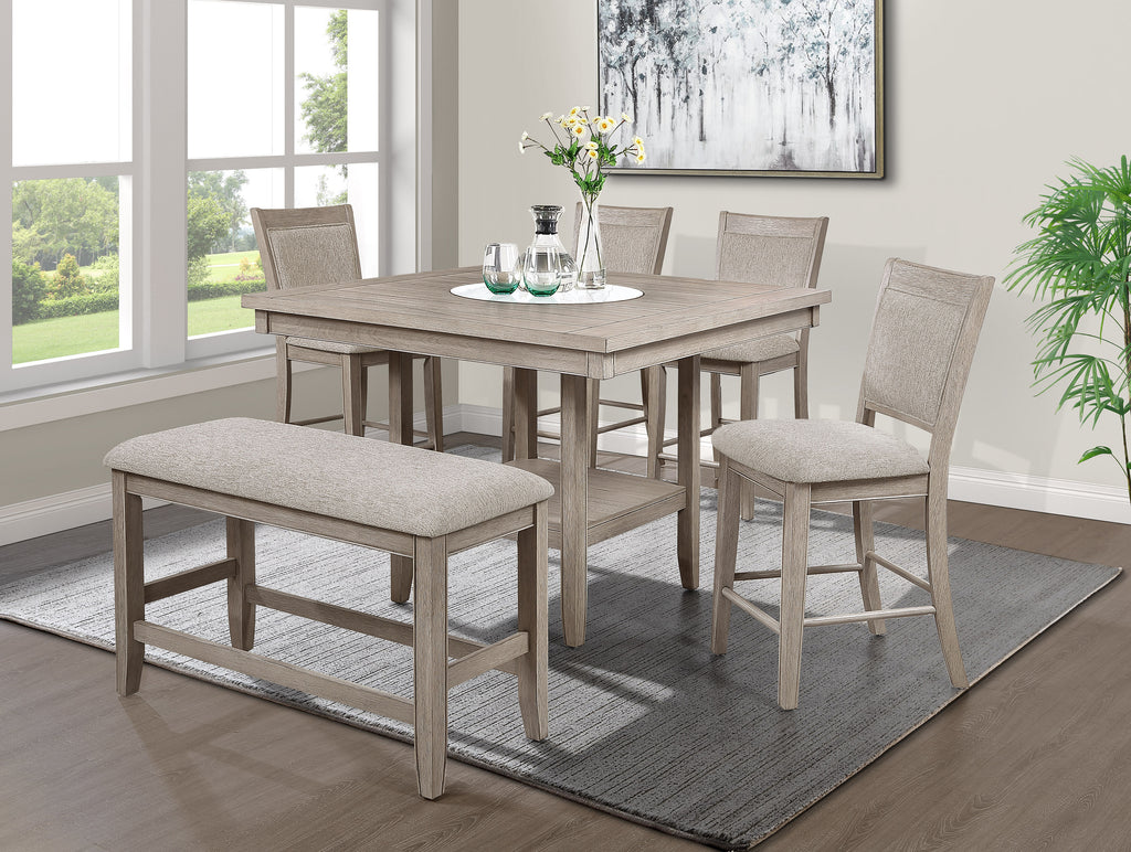 6pc Dining Set Contemporary Farmhouse Style Counter Height w 20-Inch White Faux Marble Lazy Susan All Tan / Beige Gray Finish Upholstered Chairs Bench Wooden Solid Wood Dining Room Furniture