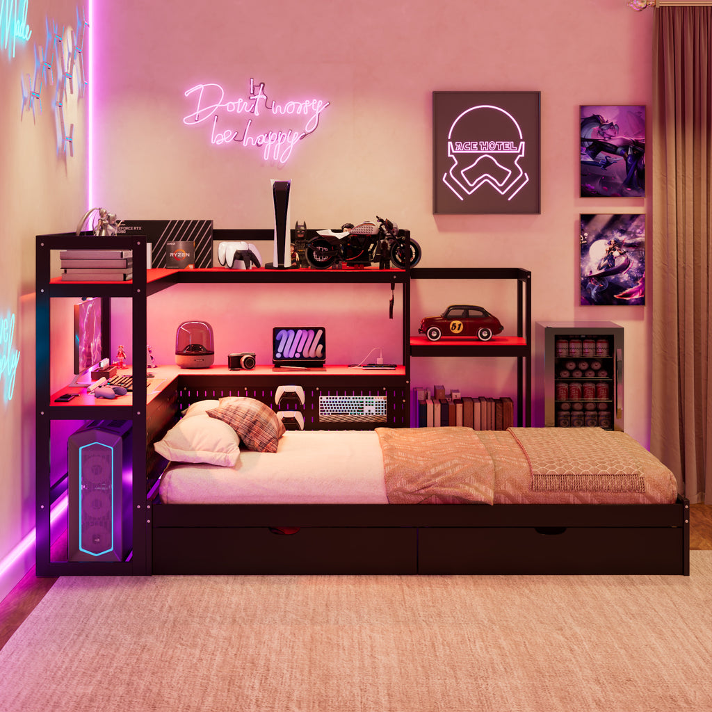 Twin Size Gaming Daybed with Integrated Desk and LED Light