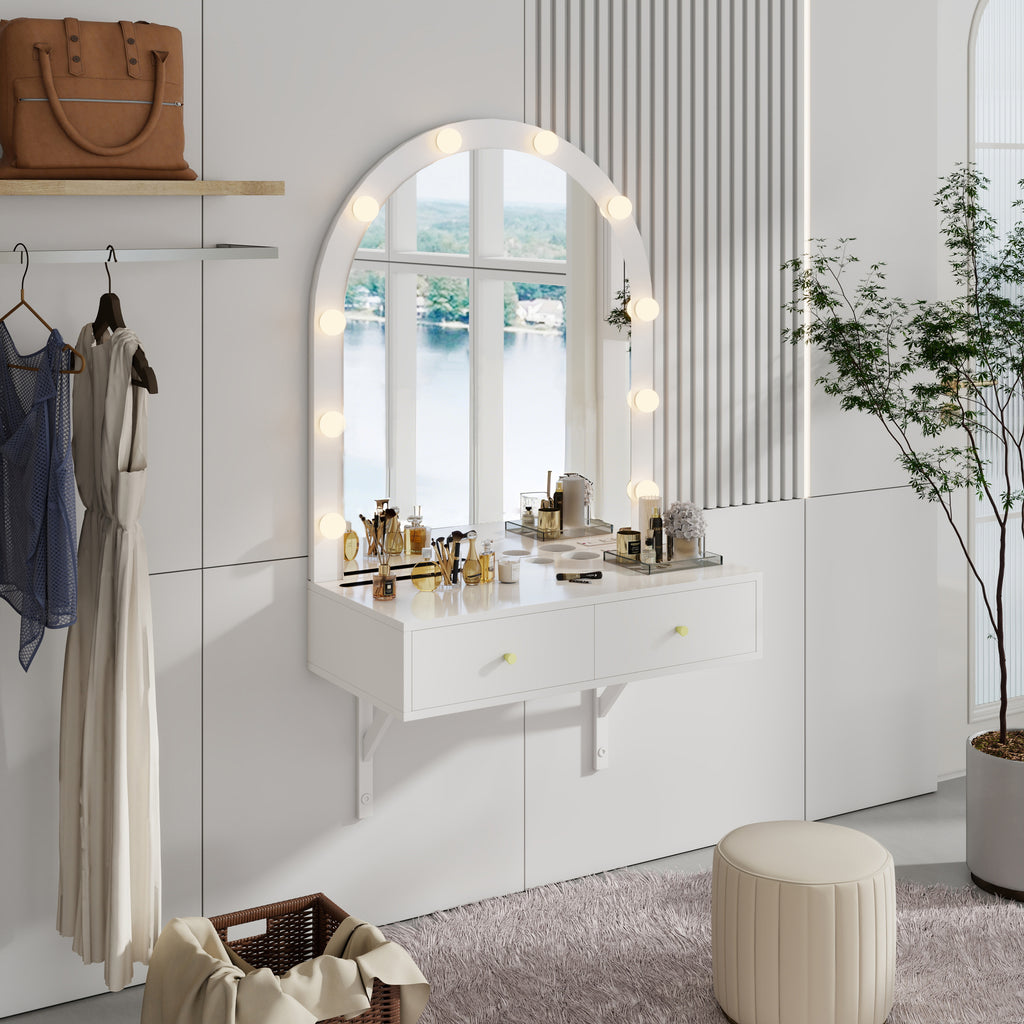 Floating Makeup Vanity Desk with Mirror & 3-Color Lights, Wall Dressing Table with Power Outlet, Compact vanity, Large Storage, White