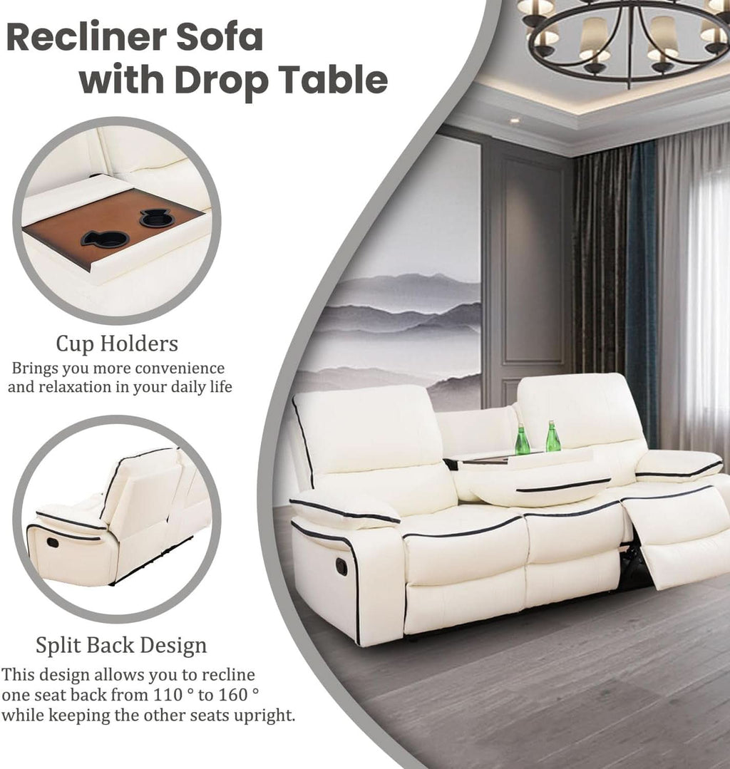 Cream White Bonded Leather Recliner Sofa Set With Manual Recliner-2