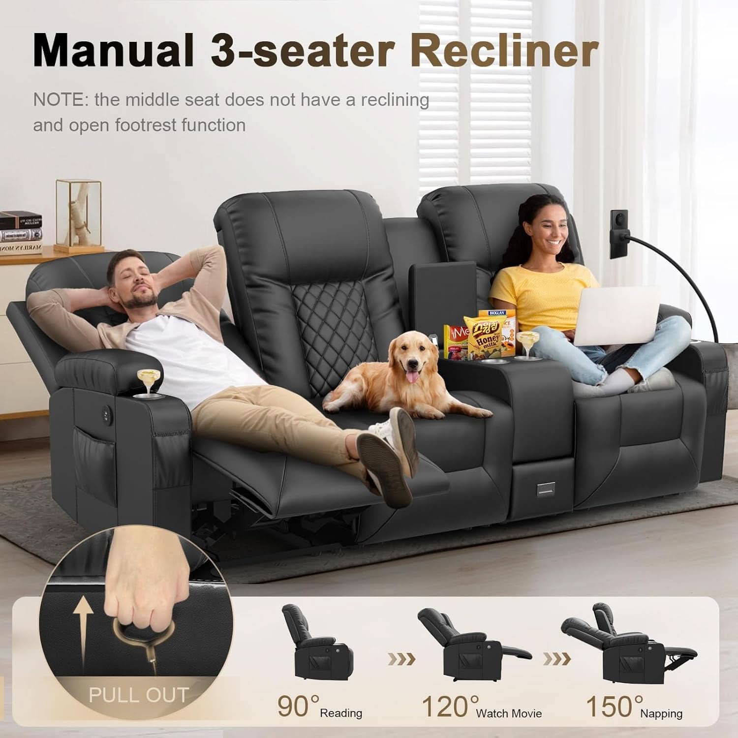 Three Seat Recliner Sofa With USB Ports And Storage-3