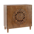 Rustic Hand-Carved Wooden 2-Door Cabinet – Boho Accent Storage Cabinet with Floral Design, Solid Wood Sideboard for Living Room, Entryway, or Bedroom