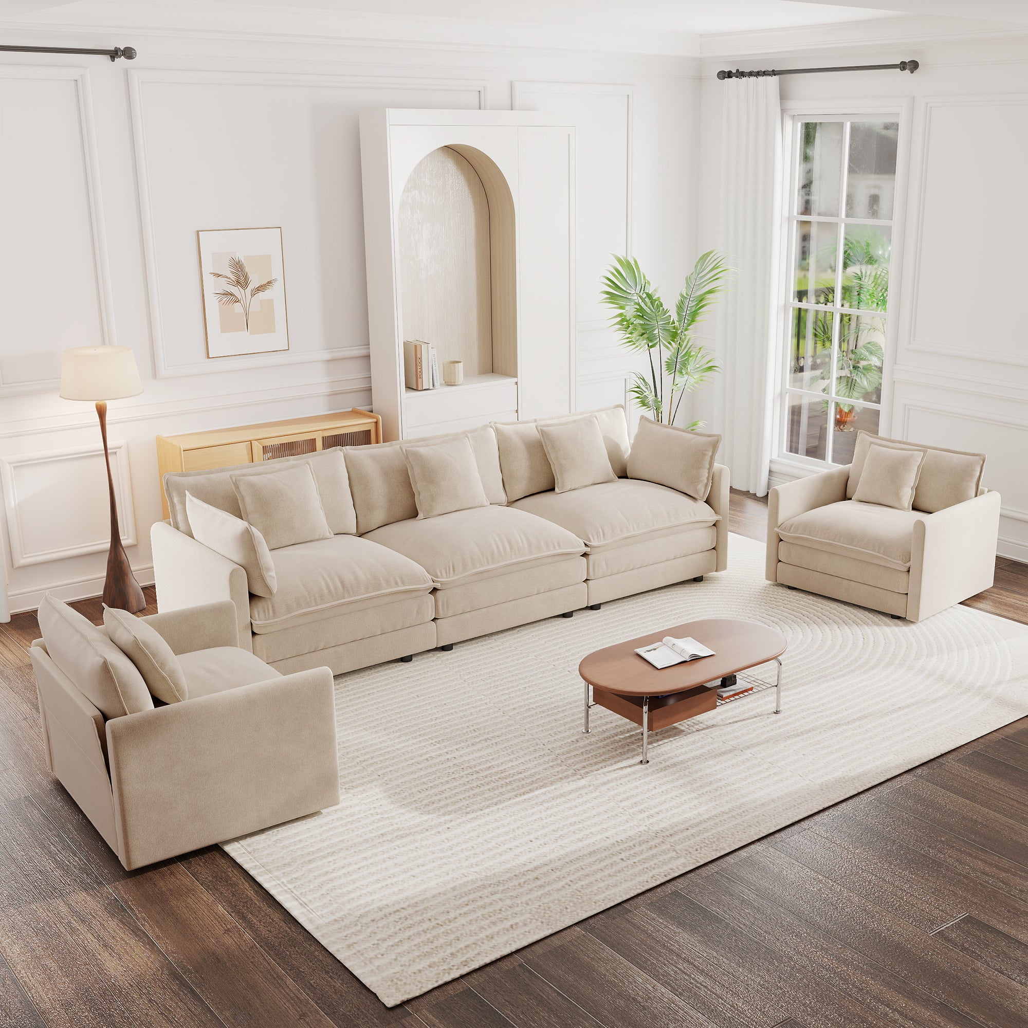 Sofa Set of 3, 1+1+3 Seats Living Room Sofa Set, Accent Chair, Loveseat, and Three-Seat Sofa Modern Style Round Arms 3 Piece Sofa Set, Light Coffee  Chenille