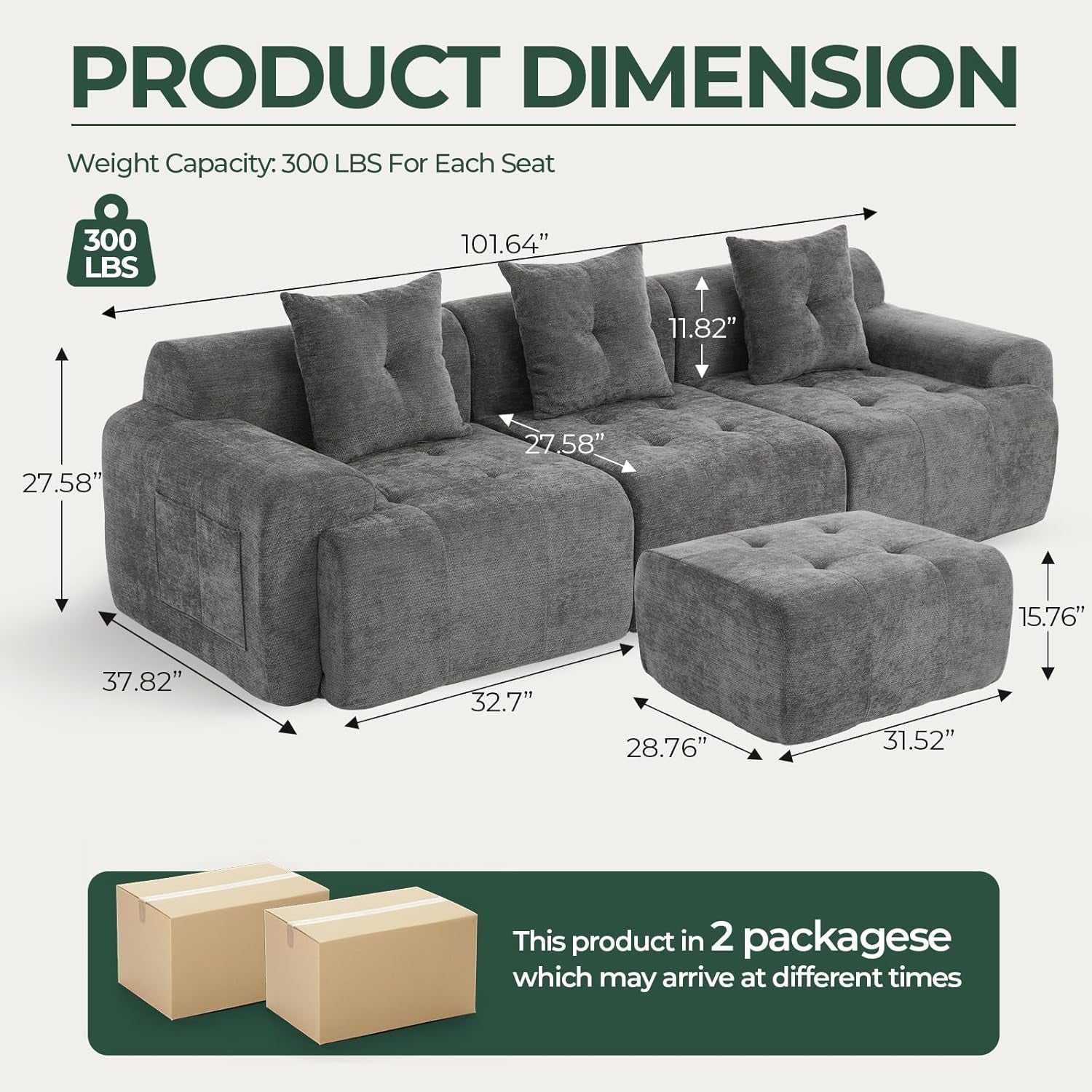 Charcoal Gray 101 Inch Modular Sectional Sofa With Ottoman-2