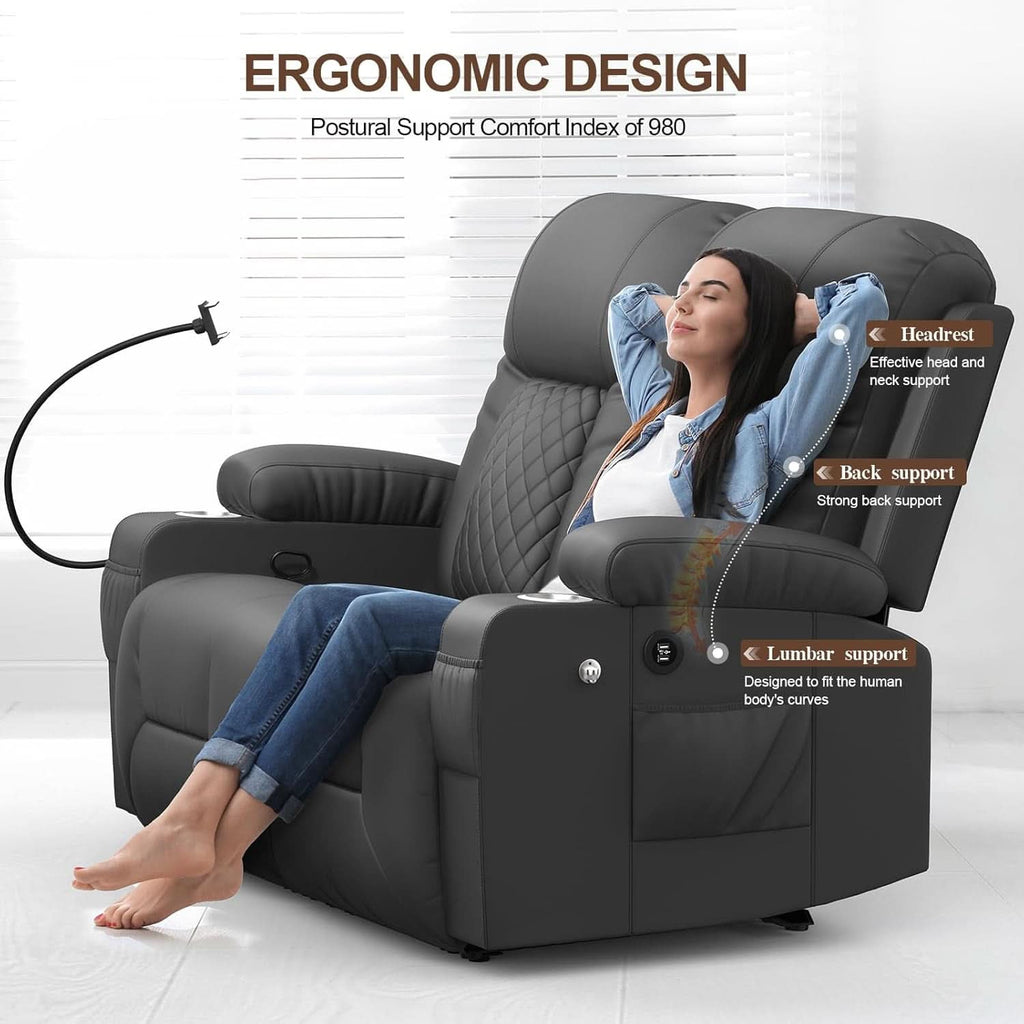 Gray PU Leather Two Seater Recliner Loveseat With USB Ports-4