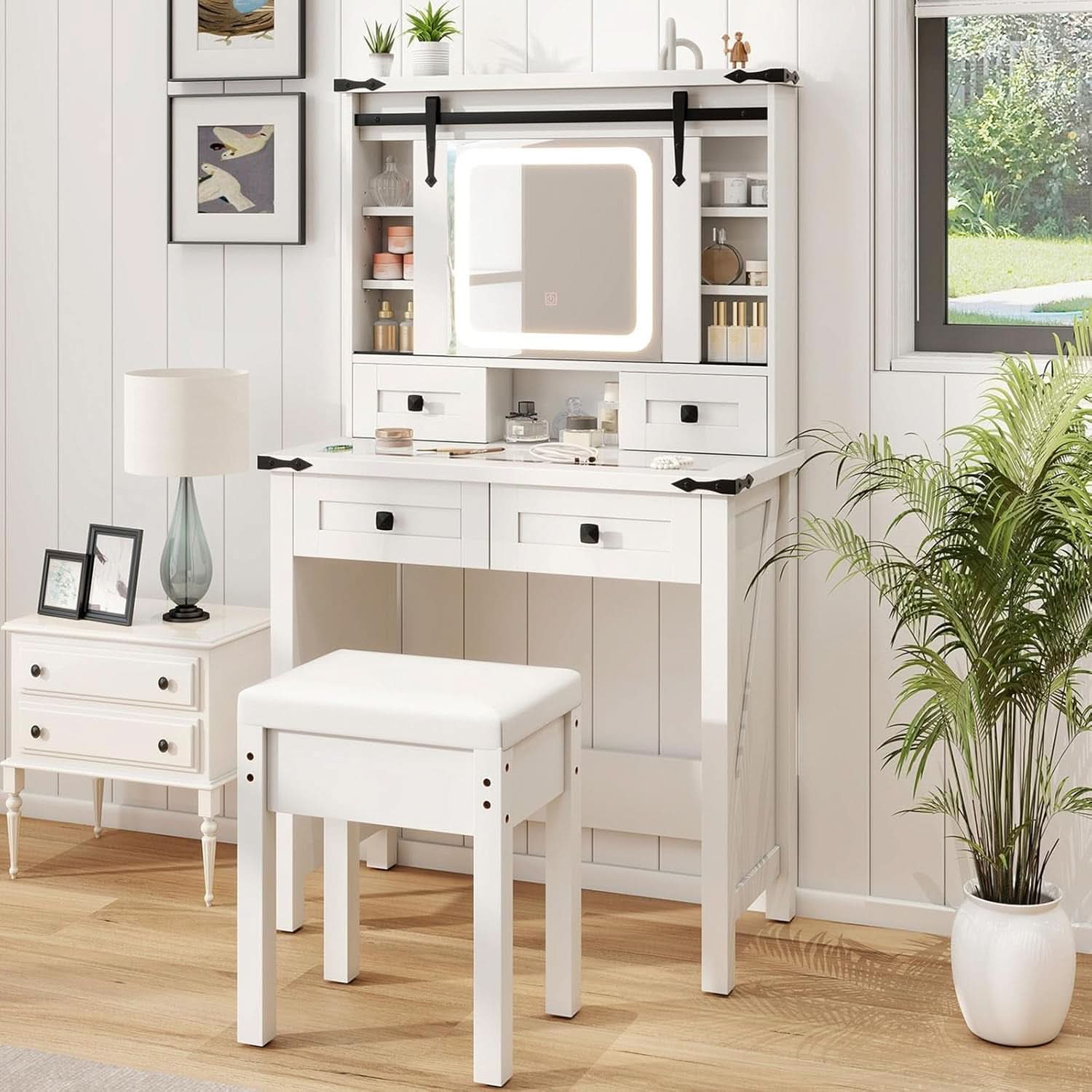 White Vanity Desk With Sliding Mirror Illumination-1