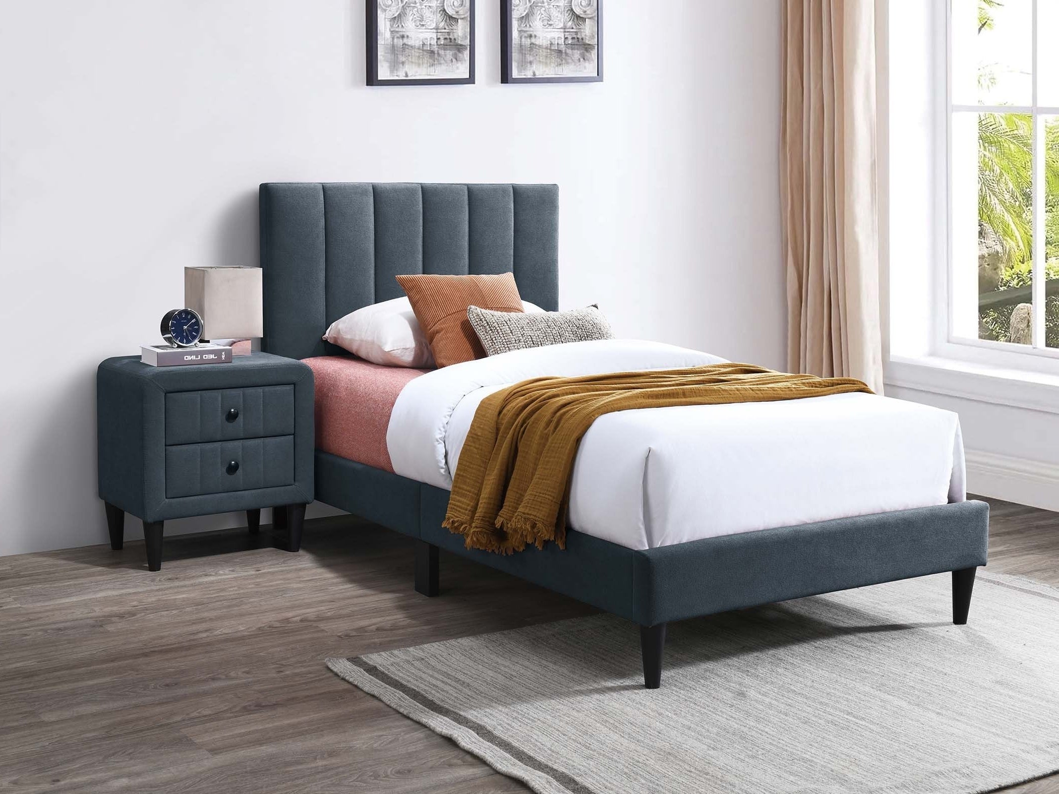 Modern Style Twin Size Bed 2xNightstands Channel Tufted Headboard Bedroom set