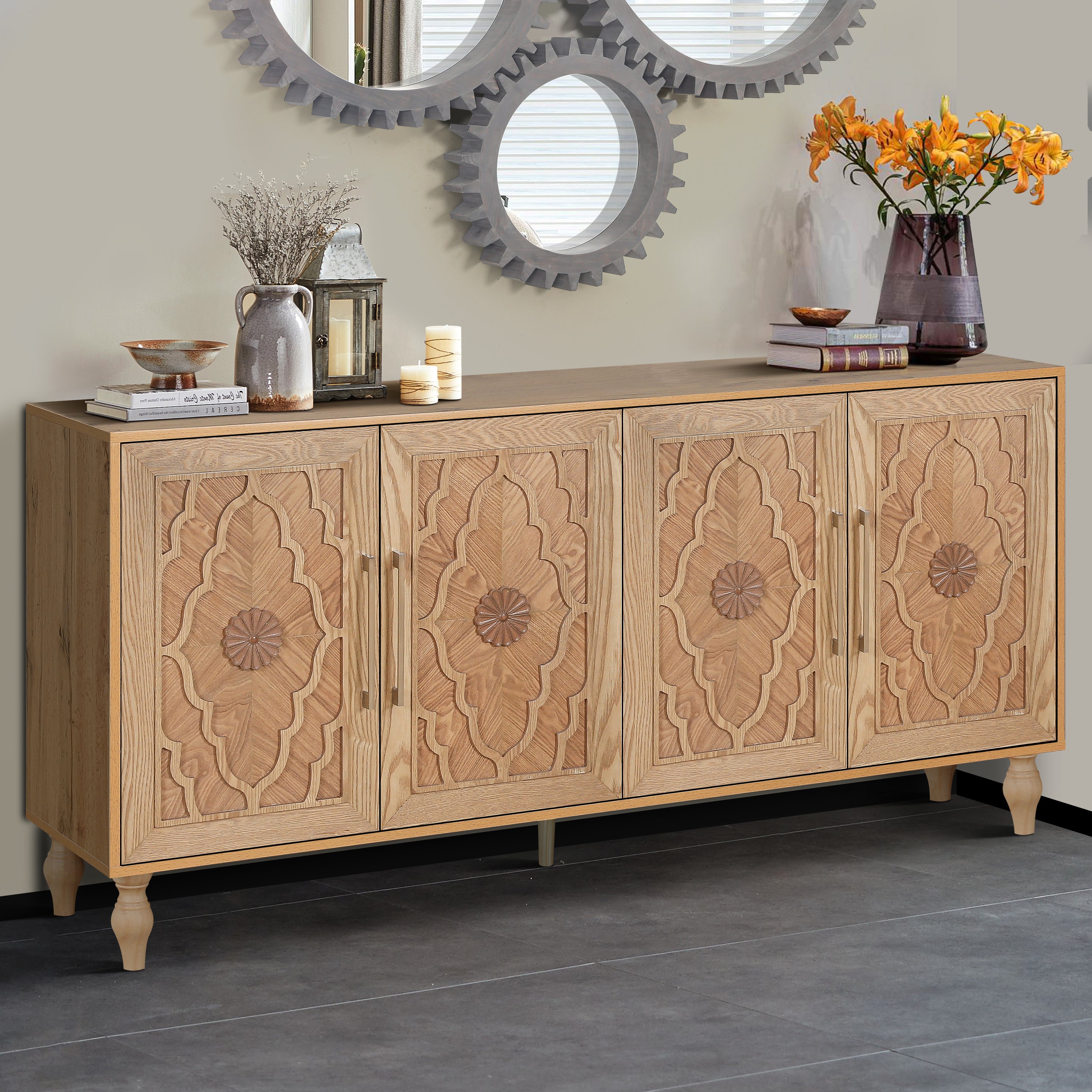 Carved Flower Door Large Storage Cabinet With Metal Handle Suitable For Living Room, Kitchen, Entryway(NATURAL WOOD)