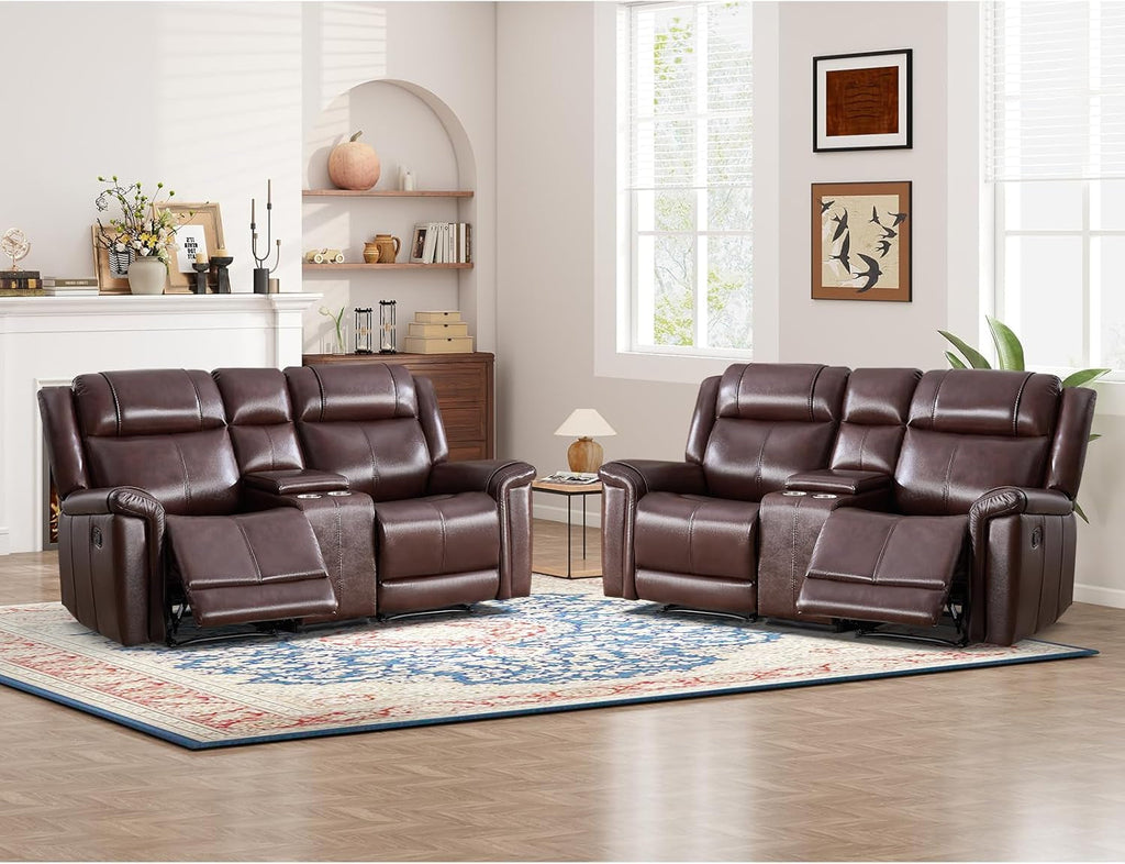 Genuine Leather Manual Overstuffed Loveseat Recliner Brown-0