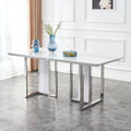 A modern minimalist and luxurious white rectangular with a patterned dining table. MDF table and stainless steel frame. Computer desk. Game table. Used in restaurants and living rooms.W1151S00648