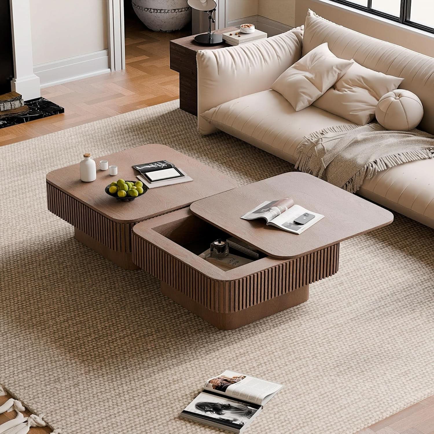 Walnut Square Coffee Table Featuring Concealed Storage-1