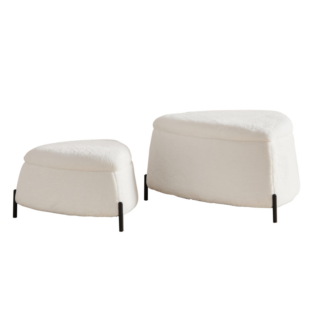 Ivory Faux Fur Upholstered Storage Ottoman Set with Metal Legs, Coffee Table with Reversible Lid