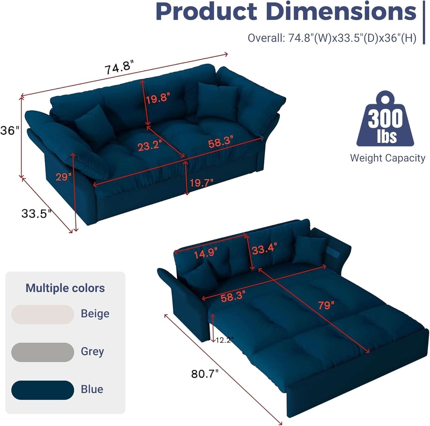Blue Queen Size Three In One Convertible Sleeper Sofa-1