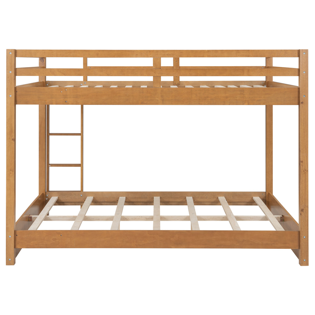 Wood Queen Size Bunk Bed with Ladder in Wood Color, Solid Pine Wood+MDF, 85.4''L x 64.2''W x 63''H
