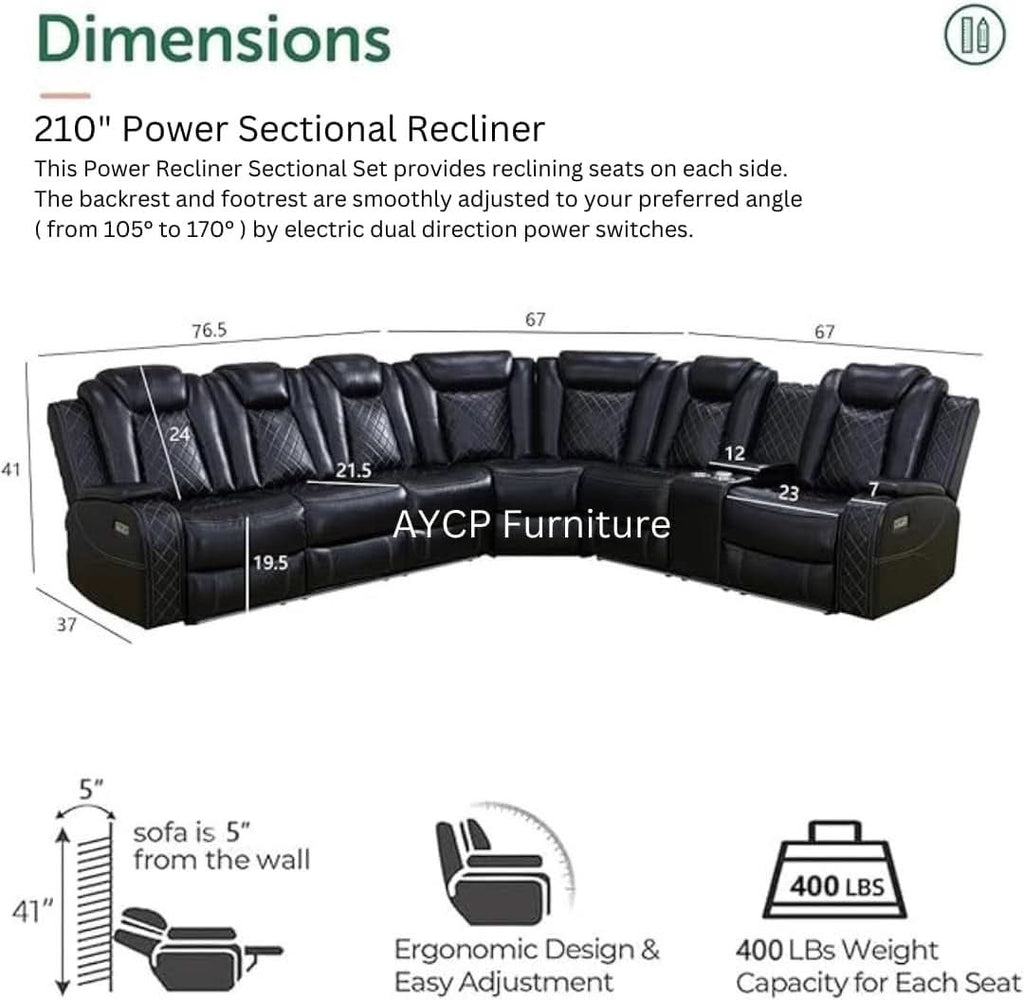 Power Recliner Sectional Sofa Black With LED Lights-1