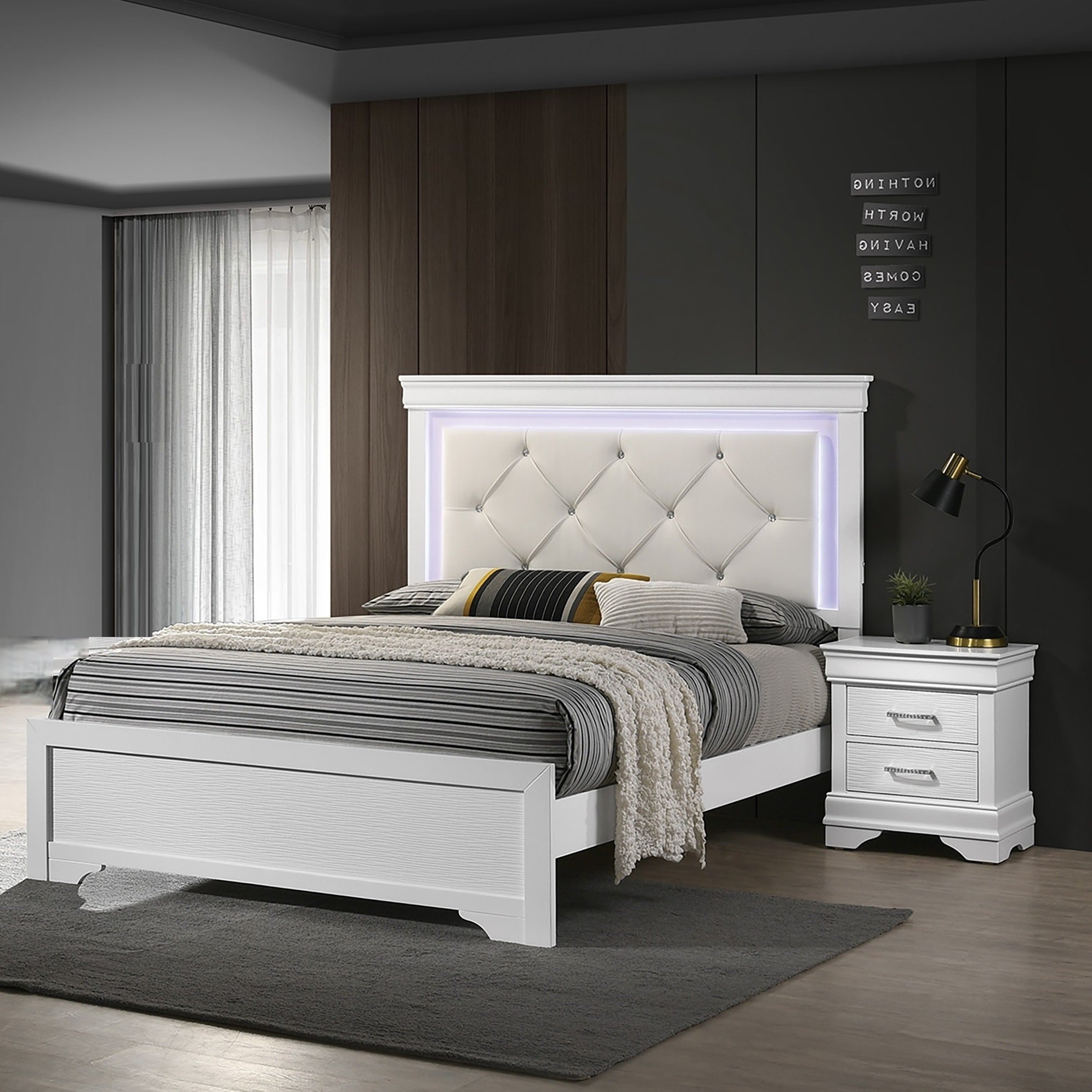 White Faux Leather Tufted HB 3pc Bedroom Set Queen Size Bed 2x Nightstands Unique Texture FB Solid wood