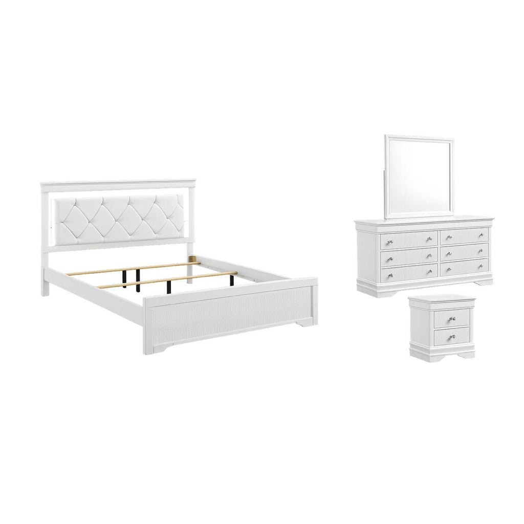 Blaze Upholstered Modern Style 4 Pc Twin Bedroom Set with LED Headboard in White Wood