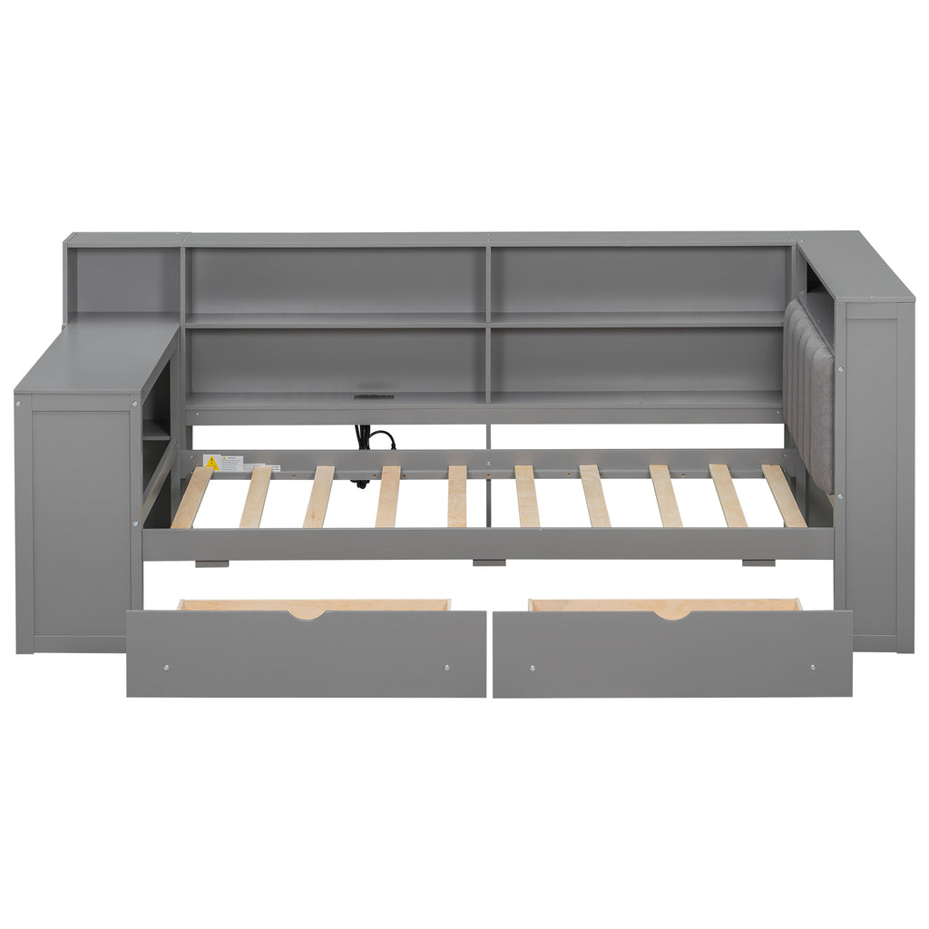 Grey Wood Twin Size Platform Bed with Upholstered Twin Bed