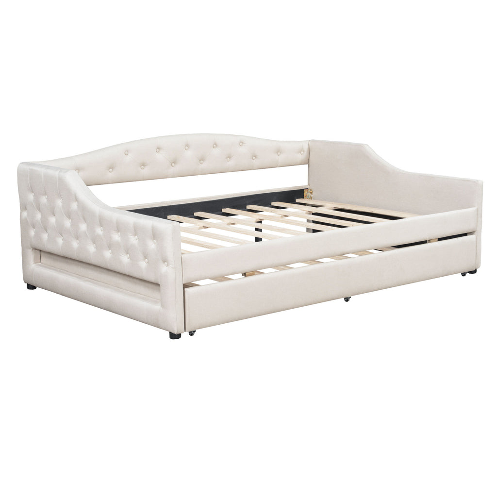 Elegant Upholstered Full XL Size Daybed with LED Belt and Trundle, Beige Linen Finish