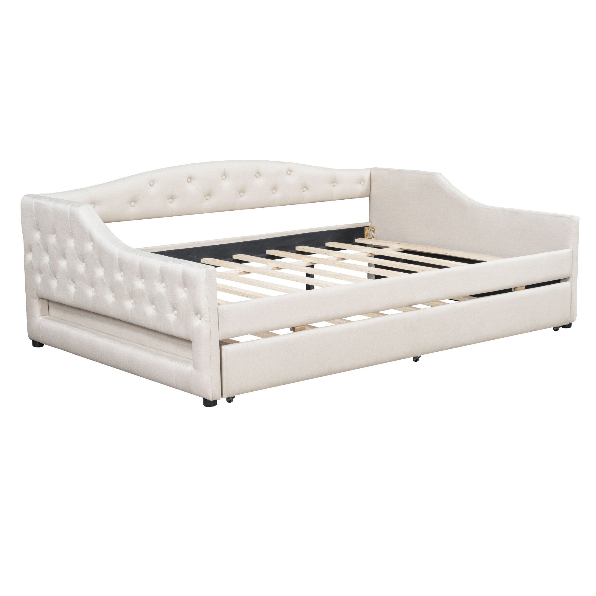 Elegant Upholstered Full XL Size Daybed with LED Belt and Trundle, Beige Linen Finish