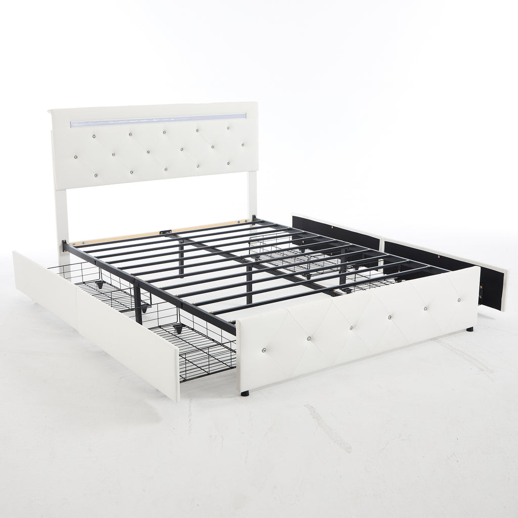 White PU Upholstered Queen Bed Frame with LED Light, 4 Storage Drawers, Adjustable Headboard, Charging Station, Metal Frame, No Box Spring Needed