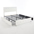 White PU Upholstered Queen Bed Frame with LED Light, 4 Storage Drawers, Adjustable Headboard, Charging Station, Metal Frame, No Box Spring Needed