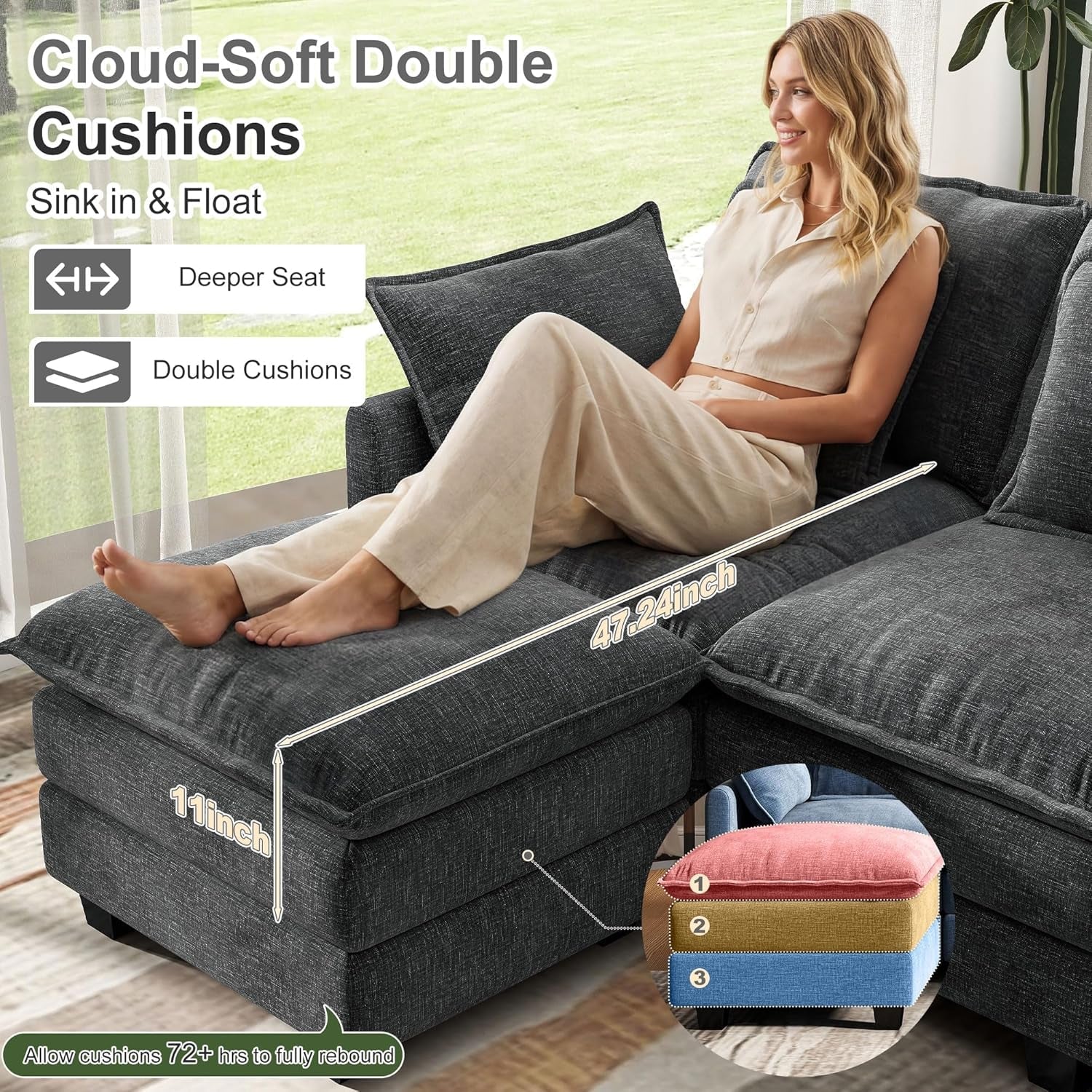107 Inch Cloud U Shaped Sofa Grey Removable Pillow Covers-3