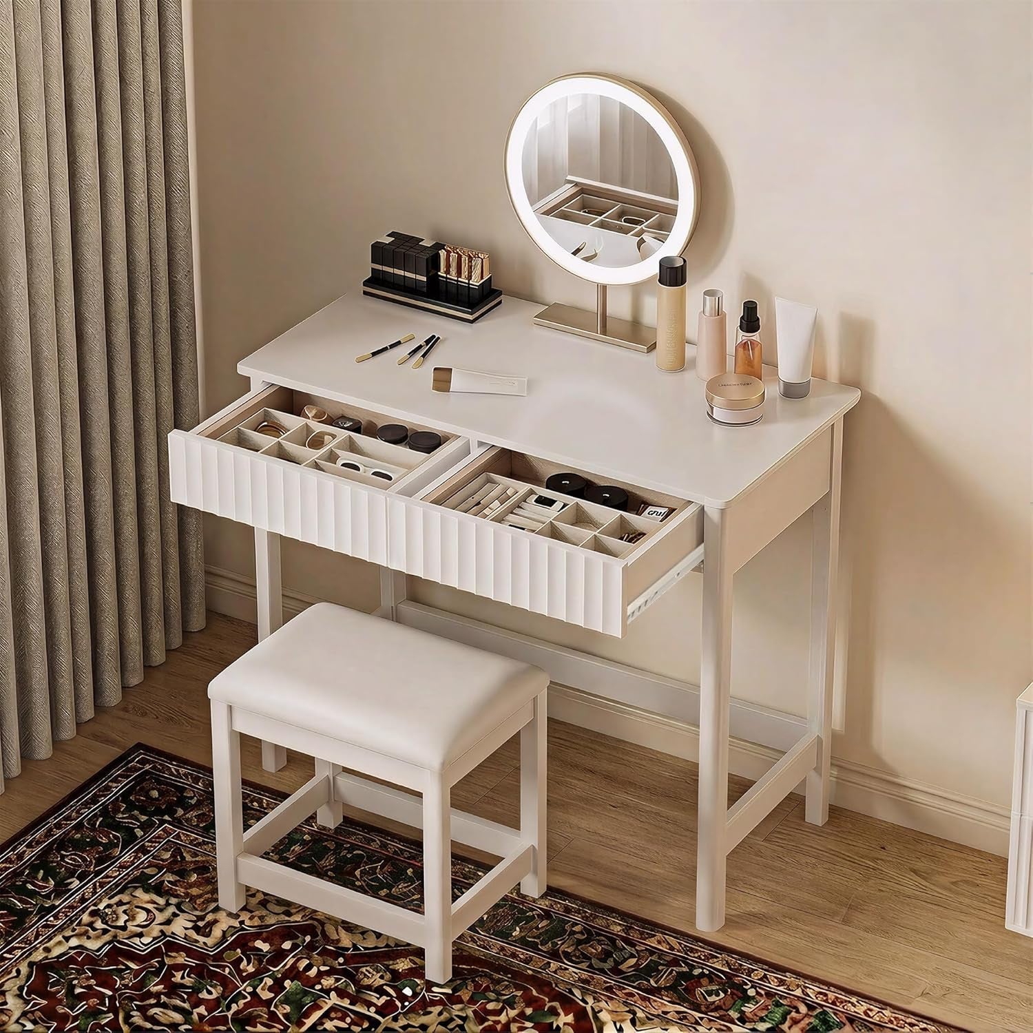 Forty Inch White Makeup Vanity Desk With Drawers And Stool-3