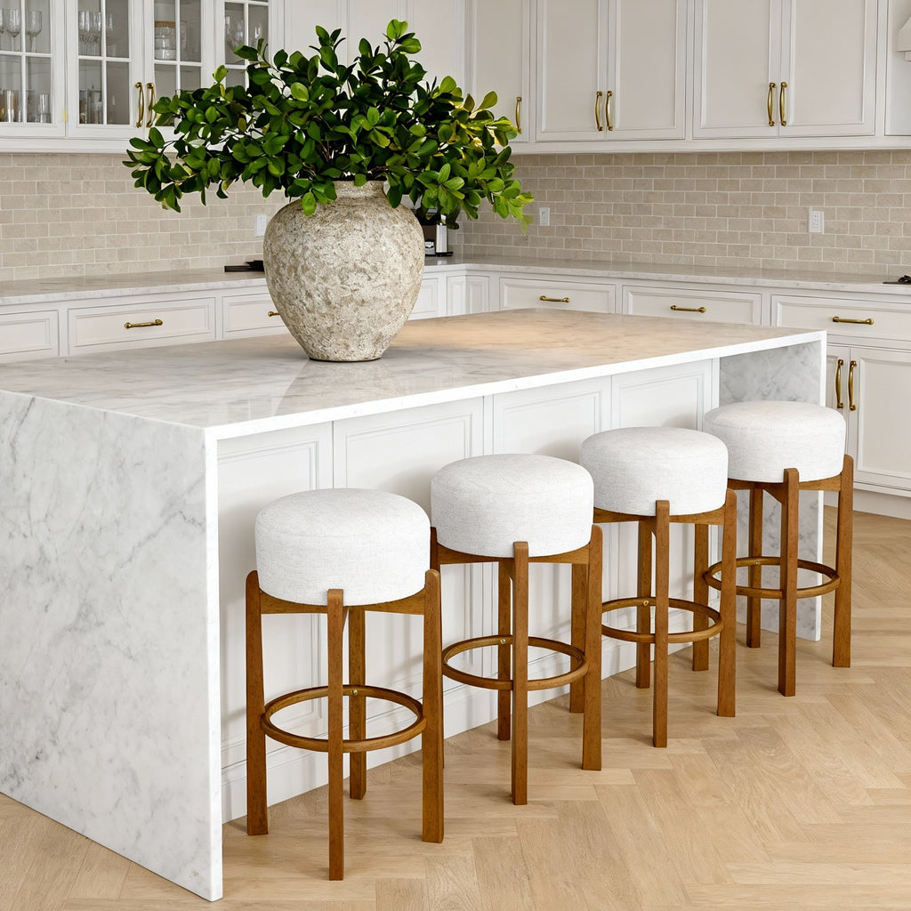 Vera Indoor Wooden Upholstered Barstool, Walnut Finish and Ivory Upholstery, Set of 4