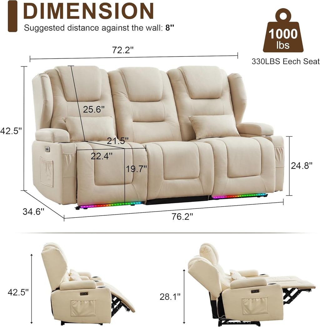 RV Power Leathaire Fabric Recliner Sofa Beige Wallhugger-1