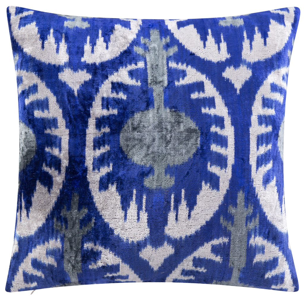 Handmade Velvet Throw Pillow - 16x16 Inches, Naturally Vegetable-Dyed, Premium Down Feather Insert - Blue and Gray Ikat Pattern, Luxury Home Decor Accent
