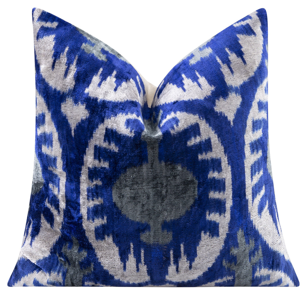 Handmade Velvet Throw Pillow - 16x16 Inches, Naturally Vegetable-Dyed, Premium Down Feather Insert - Blue and Gray Ikat Pattern, Luxury Home Decor Accent