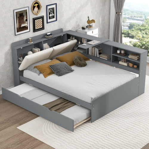 Gray Wood Full Size Platform Bed with Trundle, Shelves, and Storage Headboard, Solid Pine Wood+MDF