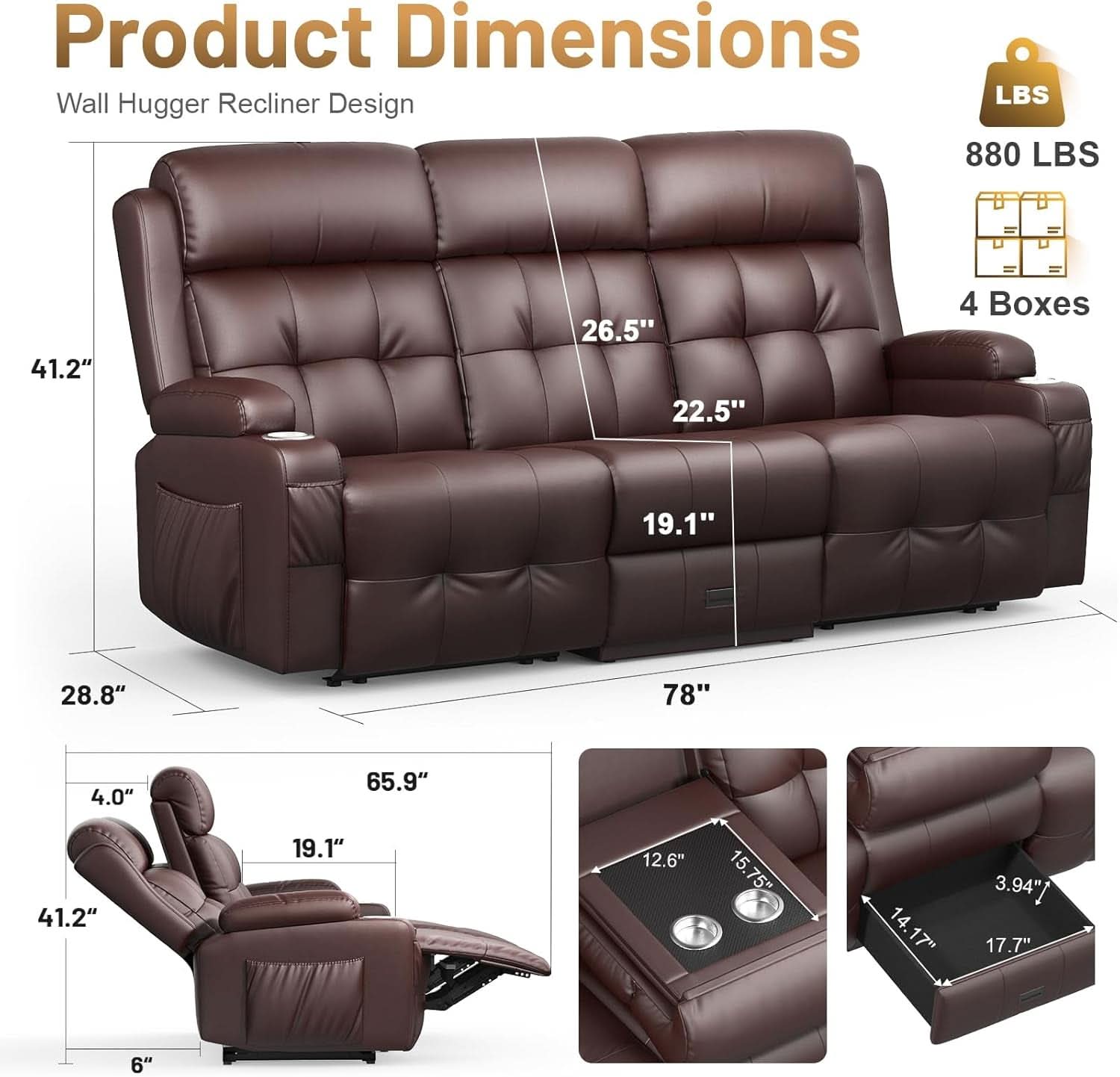 Charcoal 3 Seater Convertible Recliner Sofa Massage-1