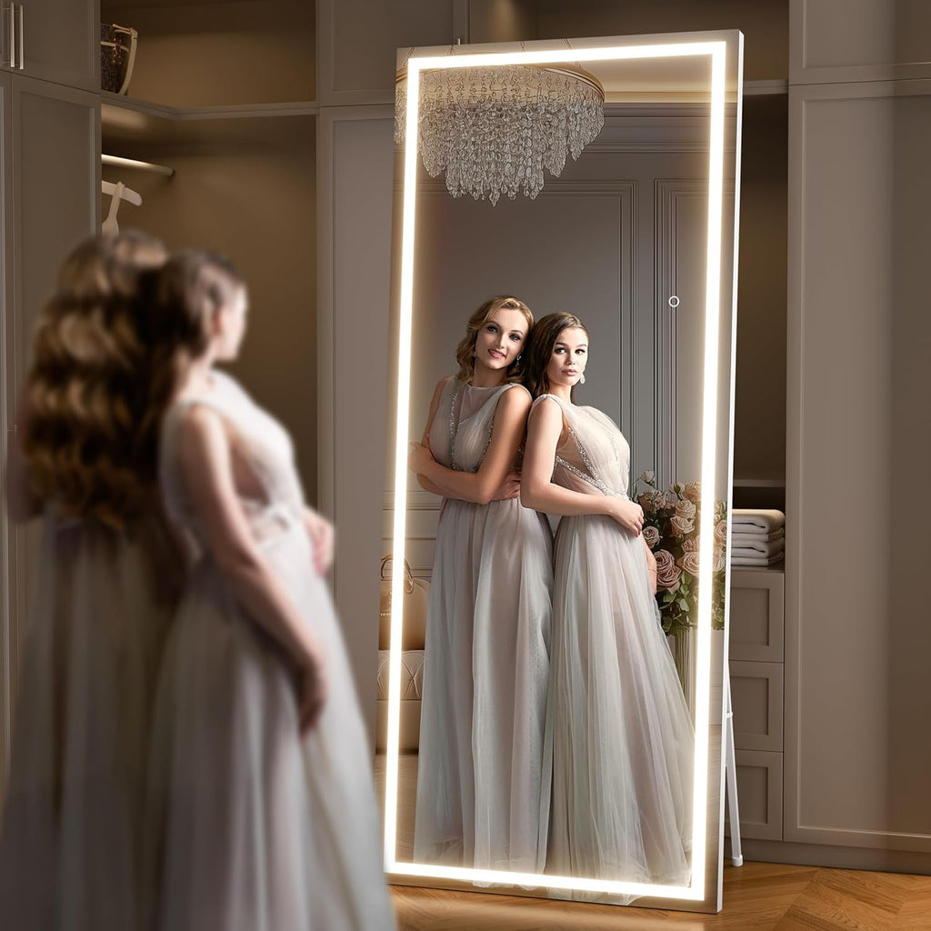 75x28 Inch LED Full Length Floor Mirror with Dimmable Lights and White Frame
