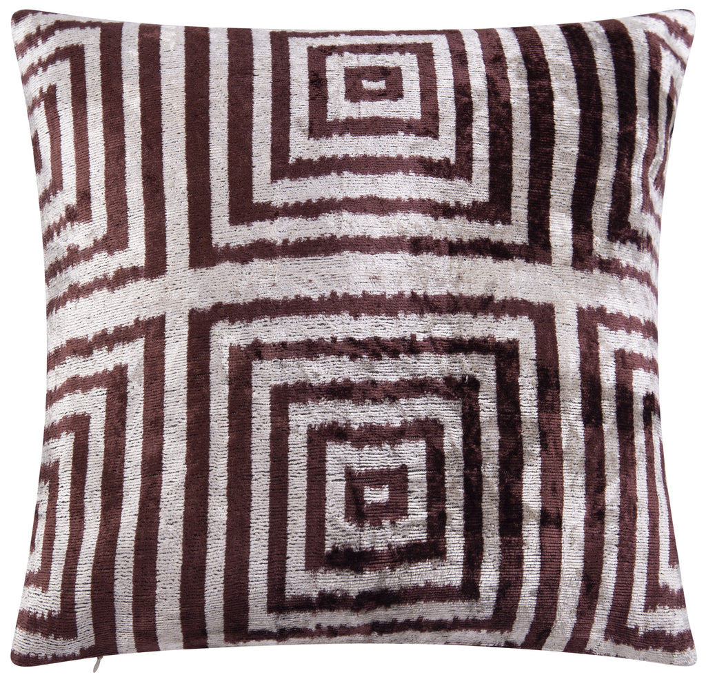Handmade Velvet Throw Pillow - 16x16 Inches, Naturally Vegetable-Dyed, Premium Down Feather Insert - Brown and Beige Geometric Square Design, Luxury Home Decor Accent