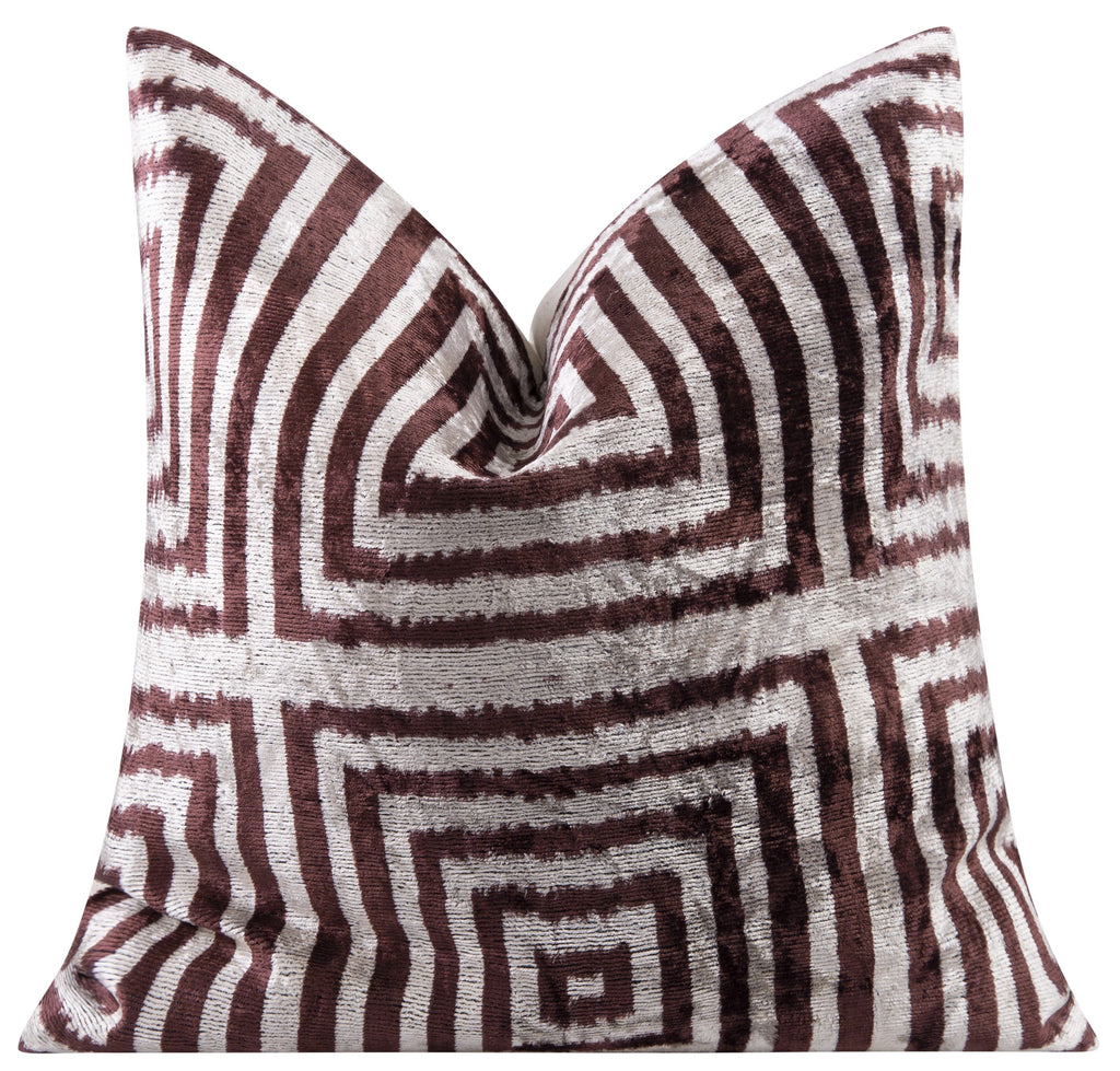 Handmade Velvet Throw Pillow - 16x16 Inches, Naturally Vegetable-Dyed, Premium Down Feather Insert - Brown and Beige Geometric Square Design, Luxury Home Decor Accent