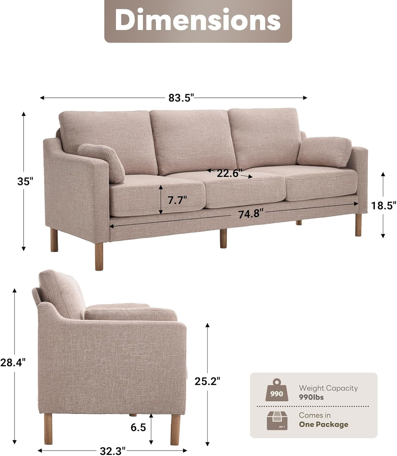 Khaki Linen Sofa 83.5 Inch Ultra Deep Cushioning-1