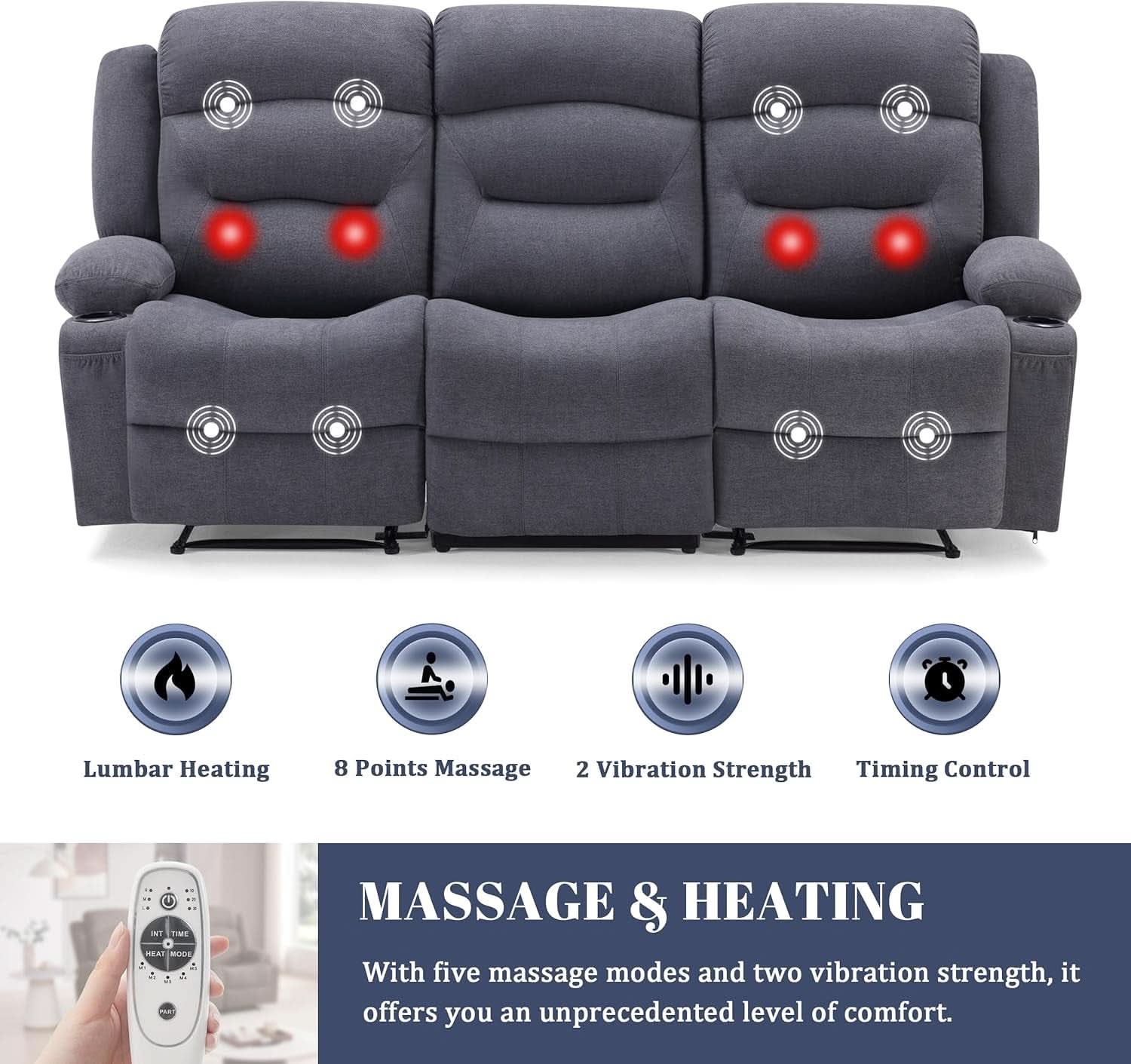 Oversized Heated Massage Recliner Sofa Slate Fabric-3